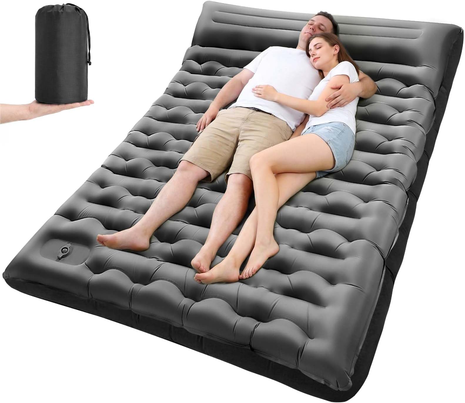 Double Sleeping Pad for Camping, 5.9 Inch Thick Self Inflating Sleeping Mat for Camping with Built in Pillow and Foot Pump, 2 Person Camping Mattress for Backpacking Hiking