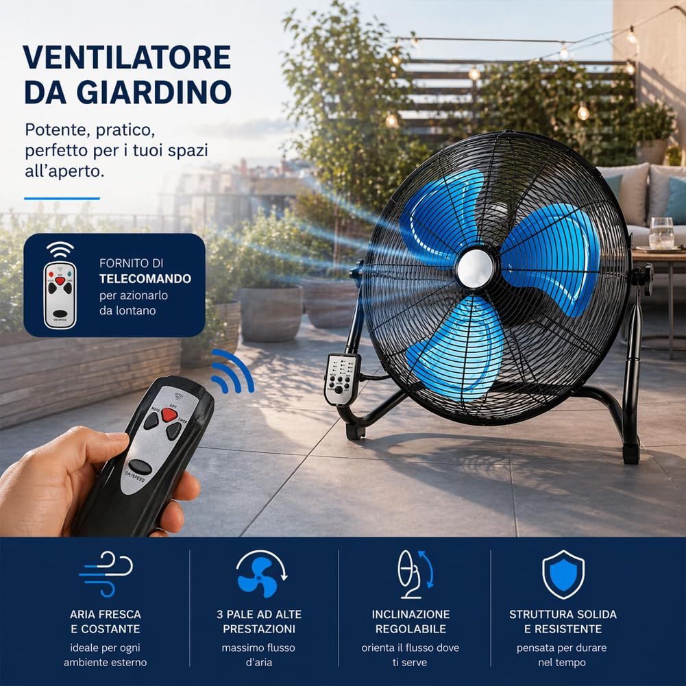 BAKAJI Ventilatore da Terra con Pale da 51 cm e Telecomando per Controllo a Distanza, Meccanismo Silenzioso e Inclinazione Regolabile, Struttura Resistente in Ferro, Ideale per Esterno e Interno