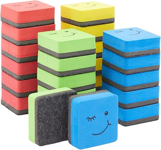 24 Pack Square Magnetic Mini Dry Erase Board Erasers for Teacher, Classroom Whiteboard, & Bulk School Supplies - 4 Color Smily Face, 2x0.8 in Mini Dry Erase Erasers
