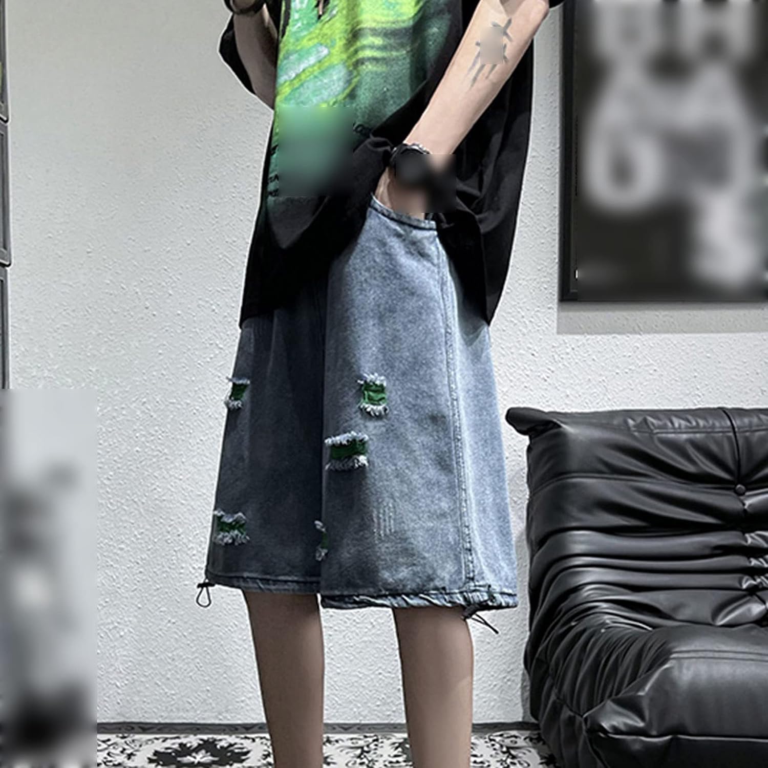 Men's Loose Ripped Denim Shorts Casual Distressed Short Pants with Pockets Classic Stretch Destroyed Short Jeans