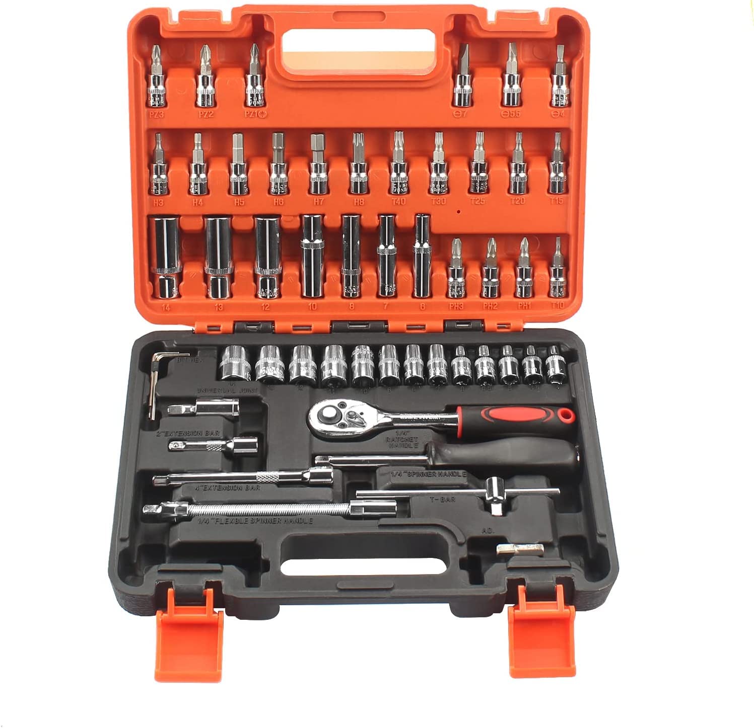 JIAVAXA53 Pcs 1/4 inch Ratchet Socket Wrench Set Drive, with Bit Socket, Extension Bar, Universal Joint, Metric/6-Point/4 mm-14 mm, CR-V Deep Socket Tool Kit for Auto Repair and Household