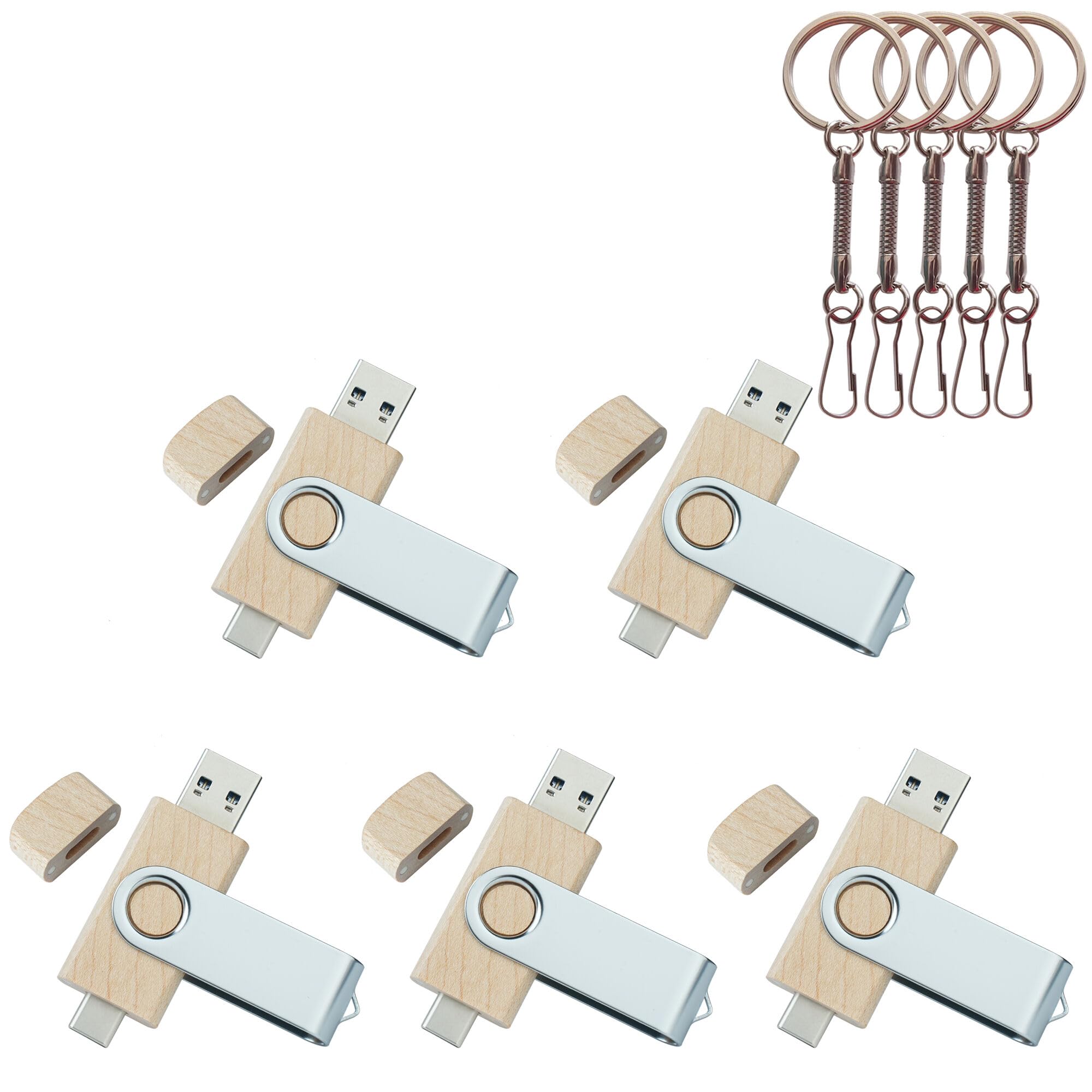 Pamięć USB C, 64 GB, pamięć USB C, pamięć USB 3.0, szybki napęd USB C, podwójny pendrive OTG, drewno klonowe, do telewizora, samochodu, smartfonów, komputera, laptopa, 5 sztuk