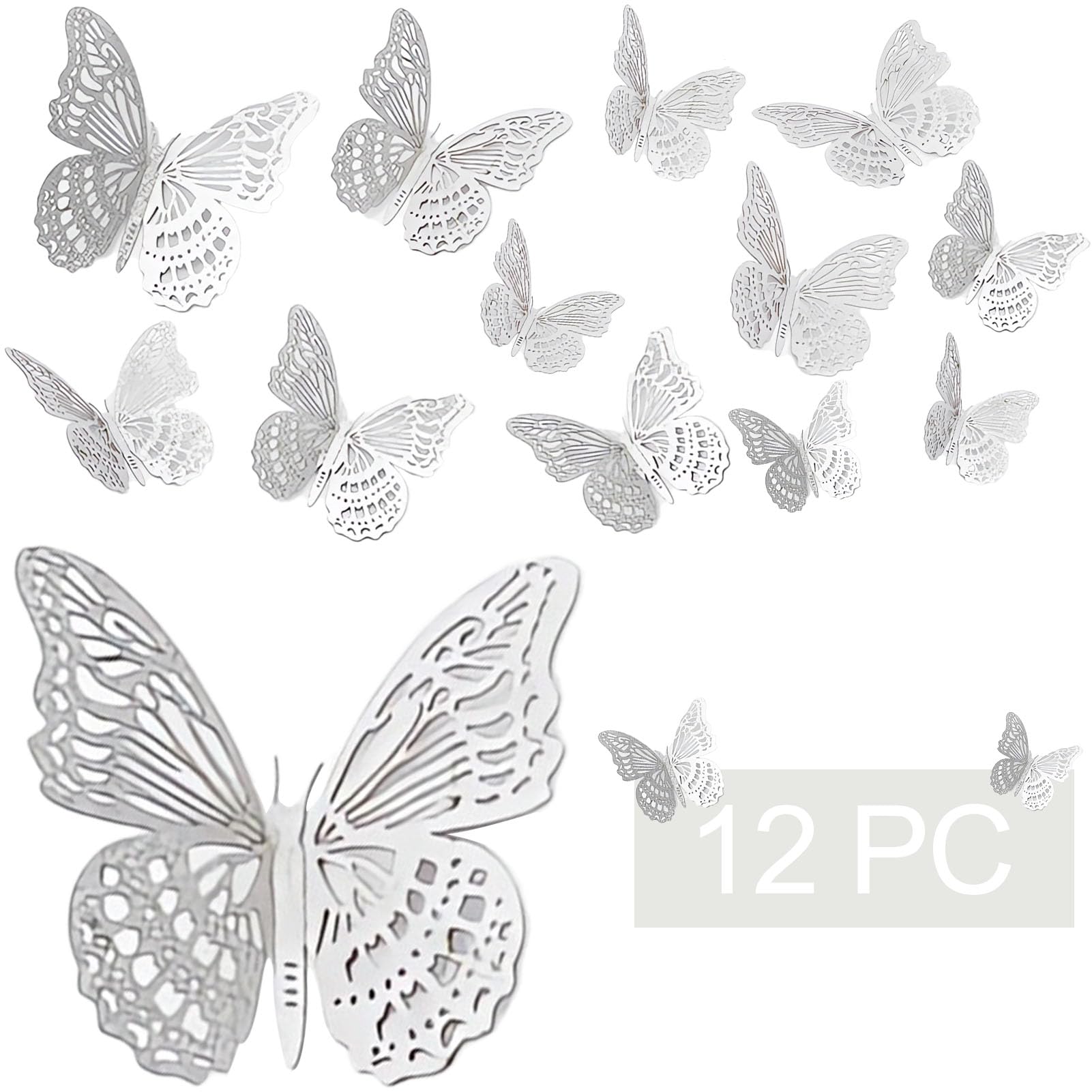 12Pcs 3D Butterfly Wall Decor Stickers - 3 Sizes, Removable Silver Metallic For Room & Party