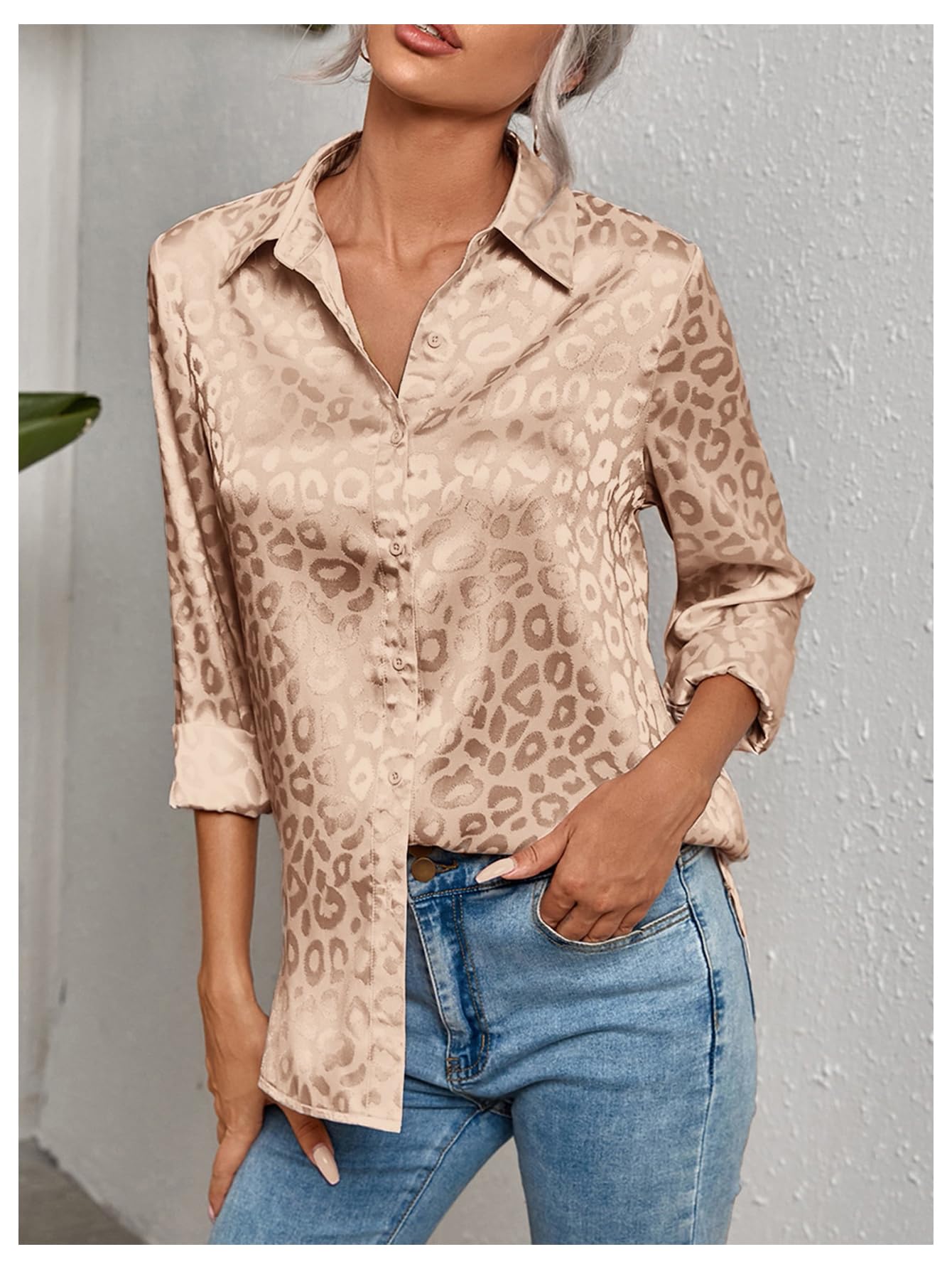 Floerns Blusa elegante de satén con botones de manga larga jacquard para mujer
