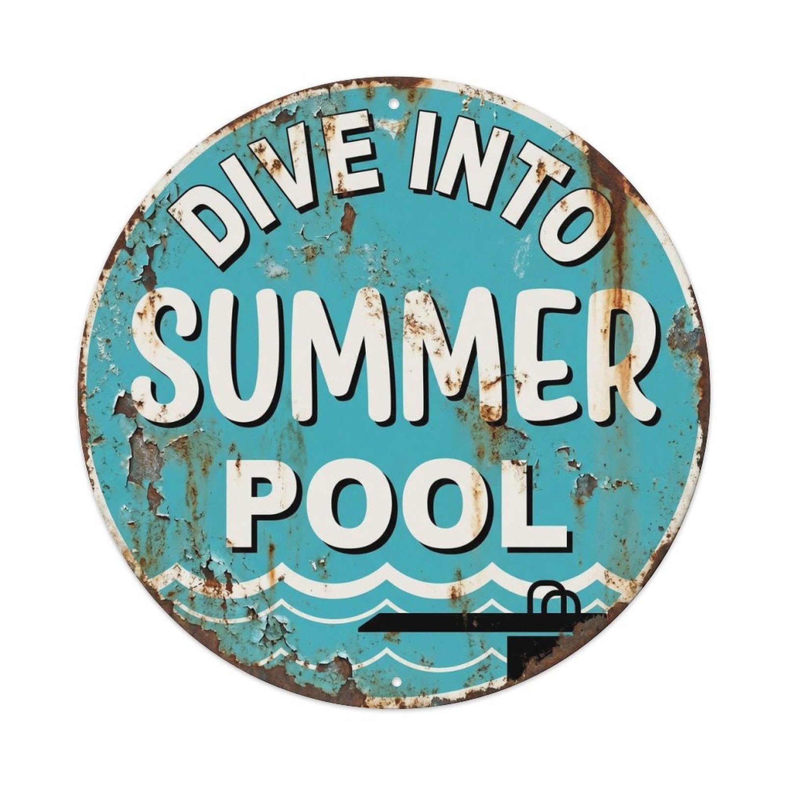 Dive Into Summer Pool Vintage Metal Tin Sign Plaque Wall Decor for Cafe, Club, Garden Round Metal Poster 8x8Inch