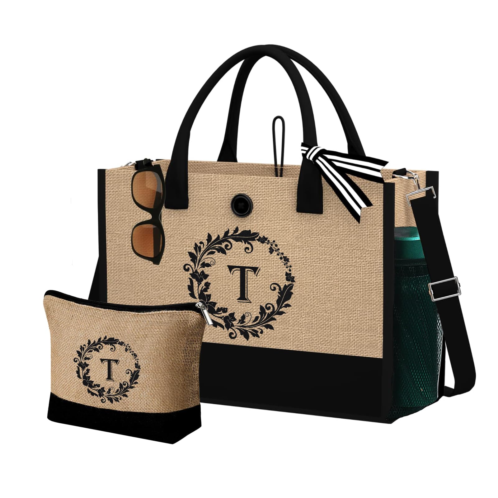 Birthday Gifts for Women, Jute Initial Tote Bags & Makeup with Adjustable Strap, Embroidery Monogram Tote Bags