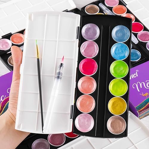 Miniatura 2 de Dyvicl Pinturas de acuarela metálicas con purpurina, 2 generación, 12 colores surtidos, caja portátil con cepillo de agua, detalles metálicos