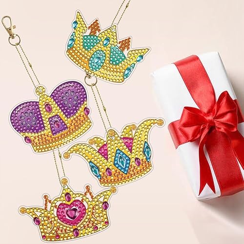 Miniatura 6 de LUSandy Juego de 6 llaveros de pintura de diamante con corona 5D para adultos, de doble cara, forma especial, corona, arte de diamante, llavero para