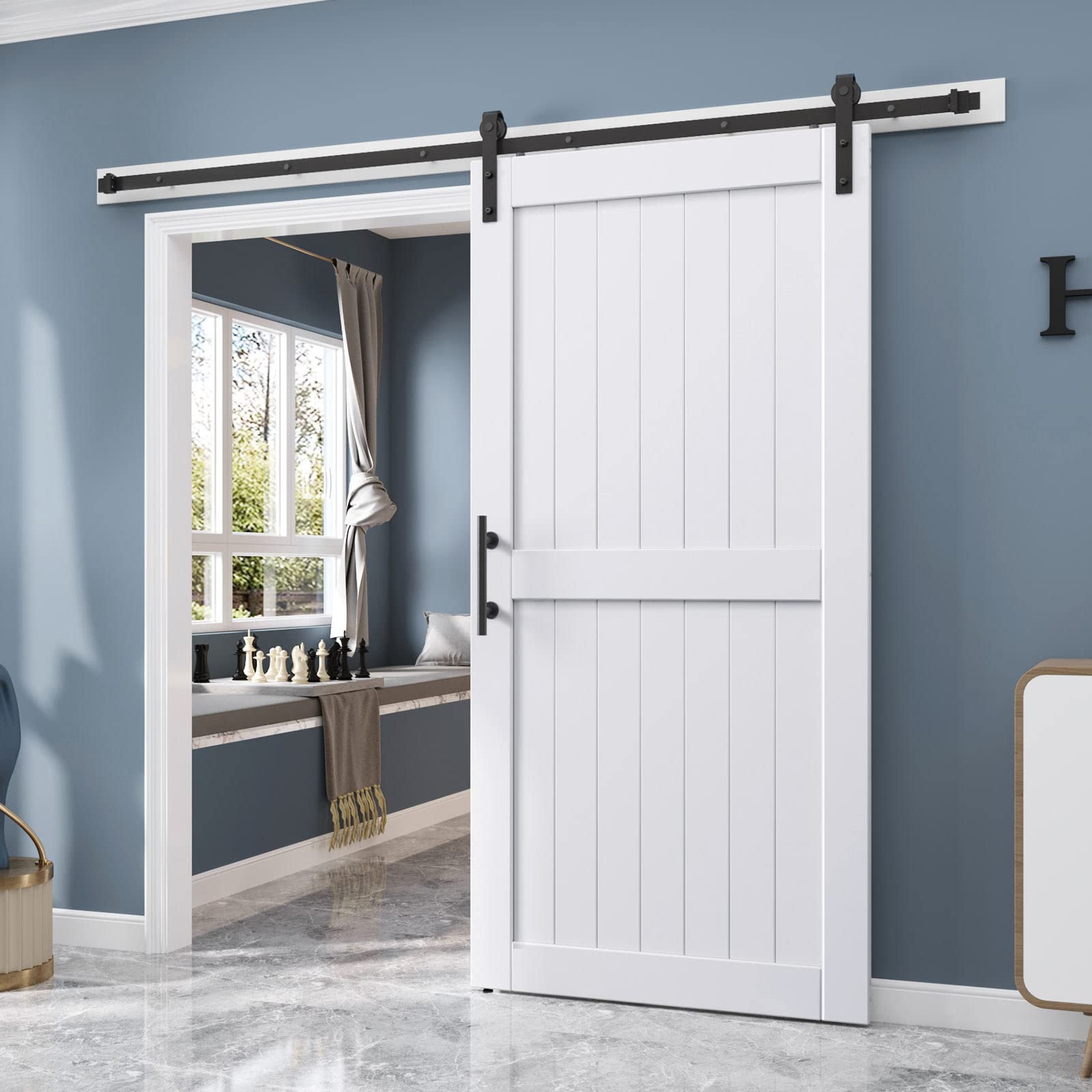 EaseLife 42in x 84in Sliding Barn Door with 7FT Barn Door Hardware Track Kit Included,Solid LVL Wood Slab Covered with Water-Proof & Scratch-Resistant PVC Surface,DIY Assembly,Easy Install,White
