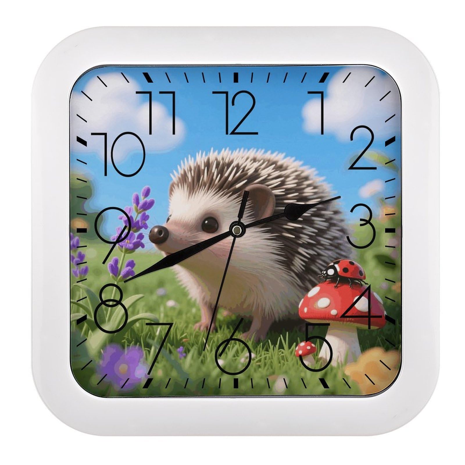 LZQPOEAS Cute Hedgehog Square Wall Clock, 10.2 Inch Battery Operated Silent Non-Ticking Wall Clock, Square Analog Decorative Clock for Home Wall Art, Living Room, Bedroom, and Office