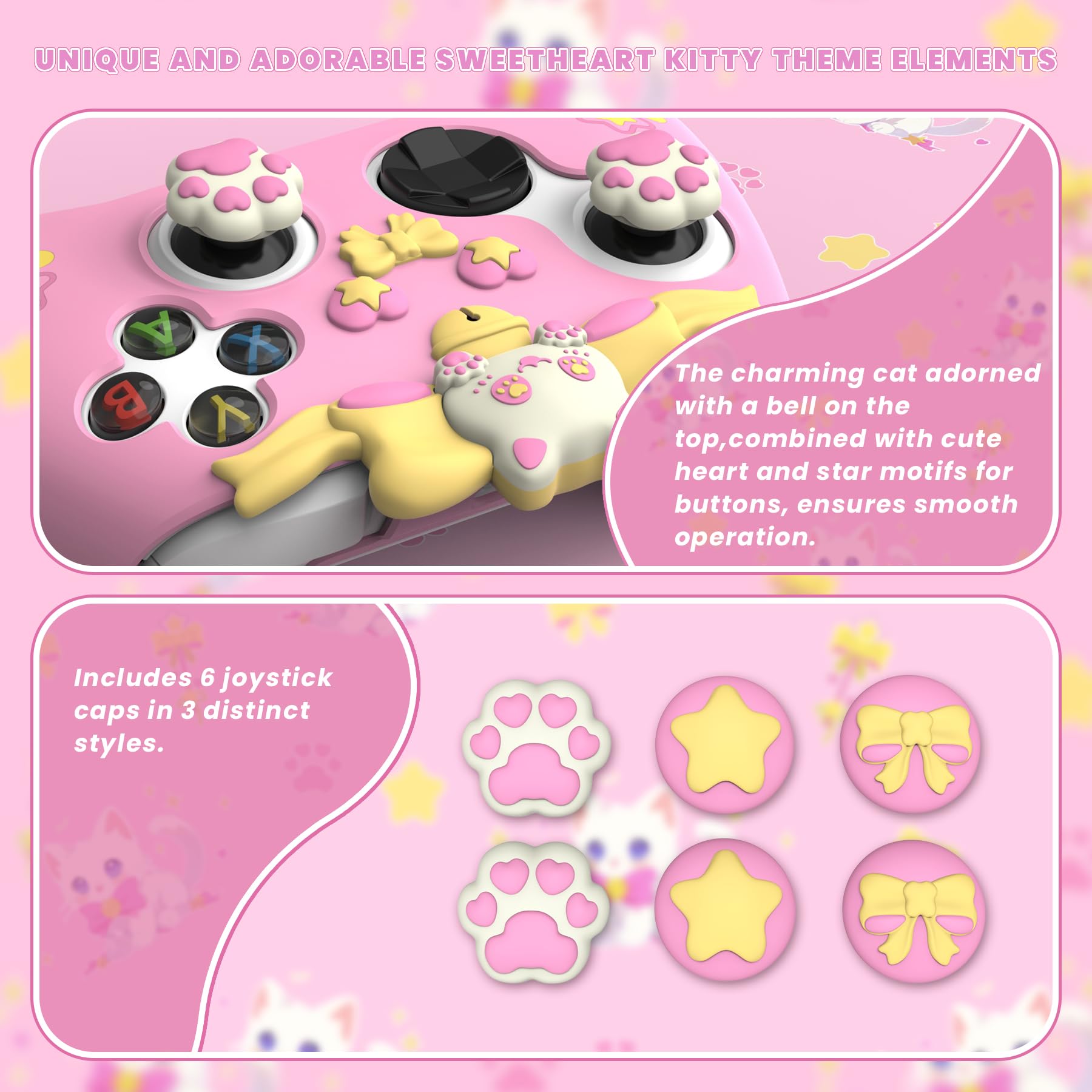 playvital Cover Silicone per Xbox Series X S Joystick,Custodia Controller Skin Antiscivolo Protettiva&6 Copri Levette Analogiche-Gattino Carino-Rosa