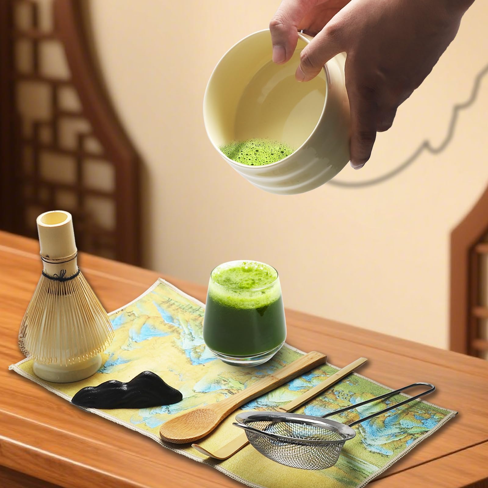 Set Matcha 8 Pezzi Set Tè Matcha con Frusta in Bambù Chasen, Ciotola Matcha, Setaccio e Cucchiaino – Kit Matcha Giapponese per Principianti, Set Accessori Premium Matcha (Giallo Latte)