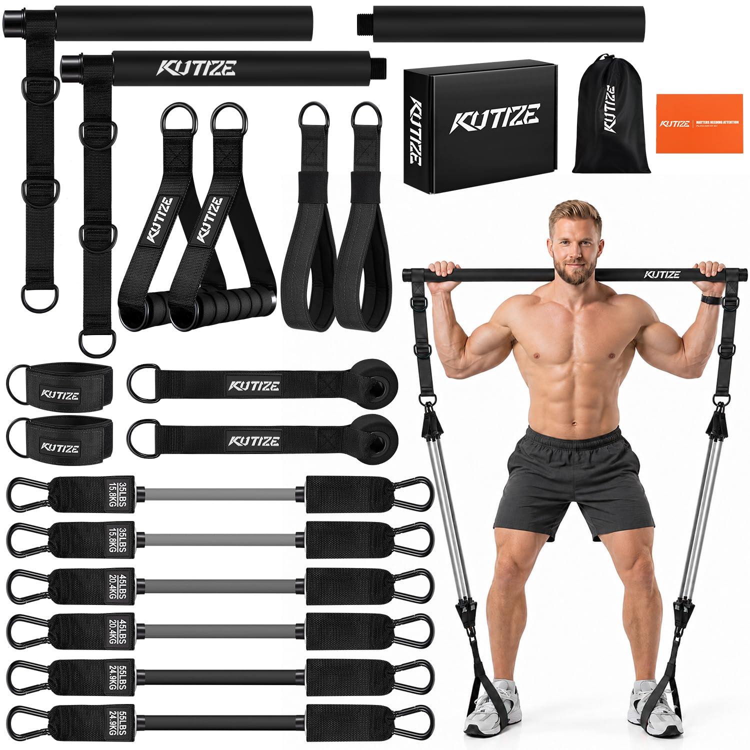 Heavy Duty Pilates Bar Kit with Resistance Bands, Strength Training for Men