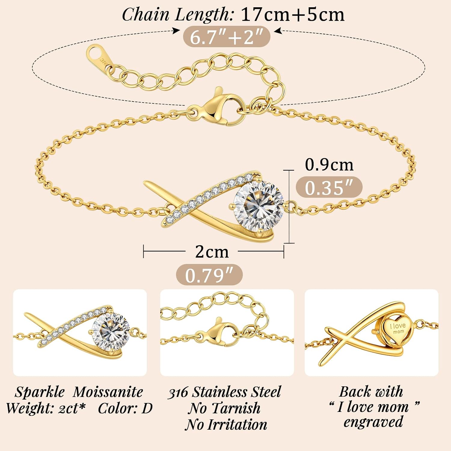 ANDSO 2 Carat Moissanite Infinity Bracelets for women, 14K gold Plated, Engraved I Love Mom, Elegant Jewelry for Woman Wife Mom Her