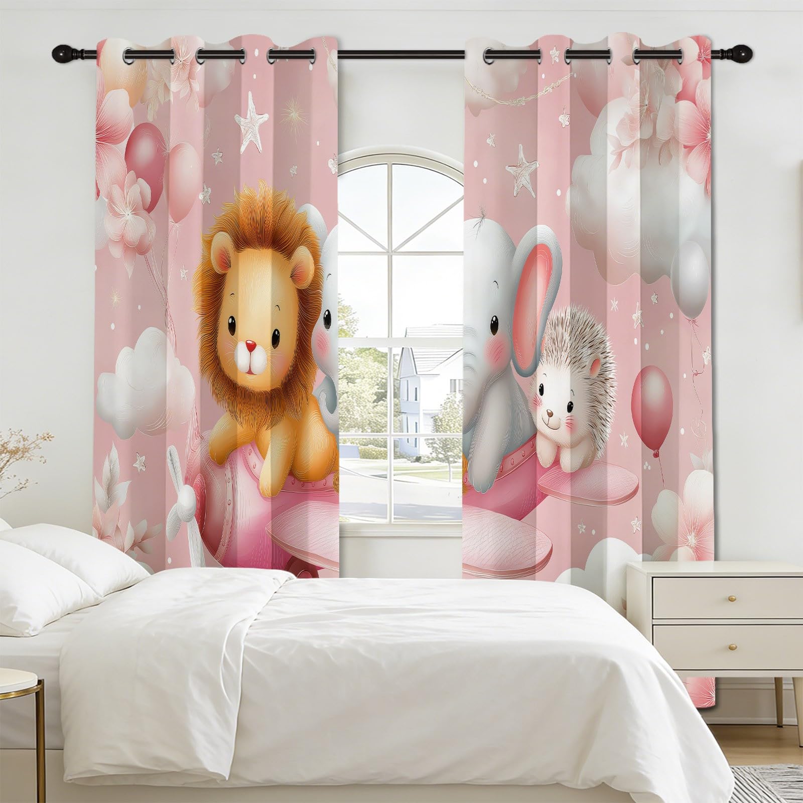 Rideau Occultant Thermique Isolant Anti, Style Continu Mignon Animaux Aéronef Rideaux Fenêtre Opaques à Oeillets Anti Froid UV Bruit, pour Pouponnière Chambre Bébé Chambre Fille 140L x 215H cm Rose