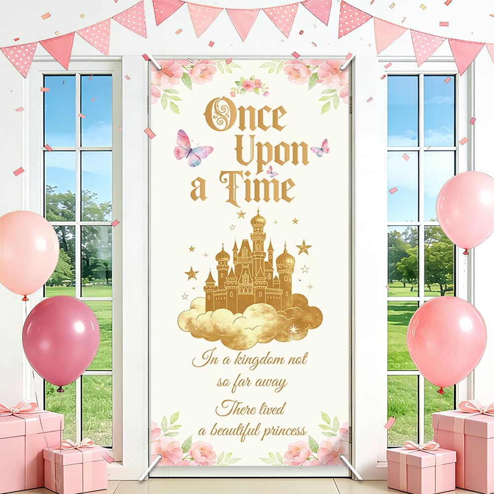 SUPERDANT Princess First Birthday Party Banner Girl's Bedroom Door Cover Large Birthday Banner Party With Once Upon A Time Design Decorations And Photo Background 185x90cm