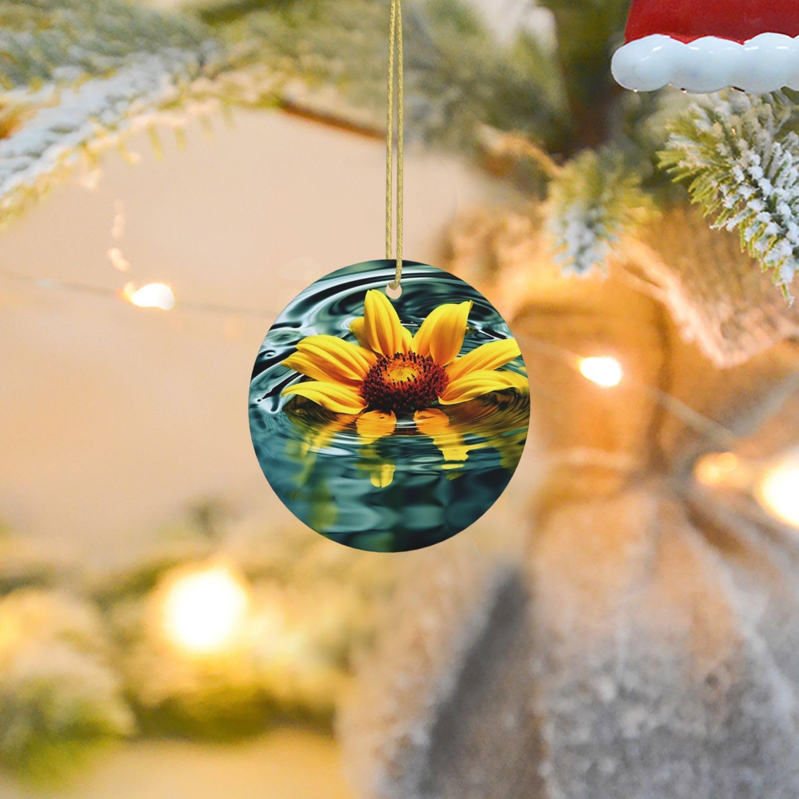 Christmas Tree Ornaments Ceramics Christmas Round Decorations Sunflower in Water Ceramics Ornaments Circle Pentagram Xmas Tree Hanging Pendant for Christmas Tree Party Holiday Home Decor