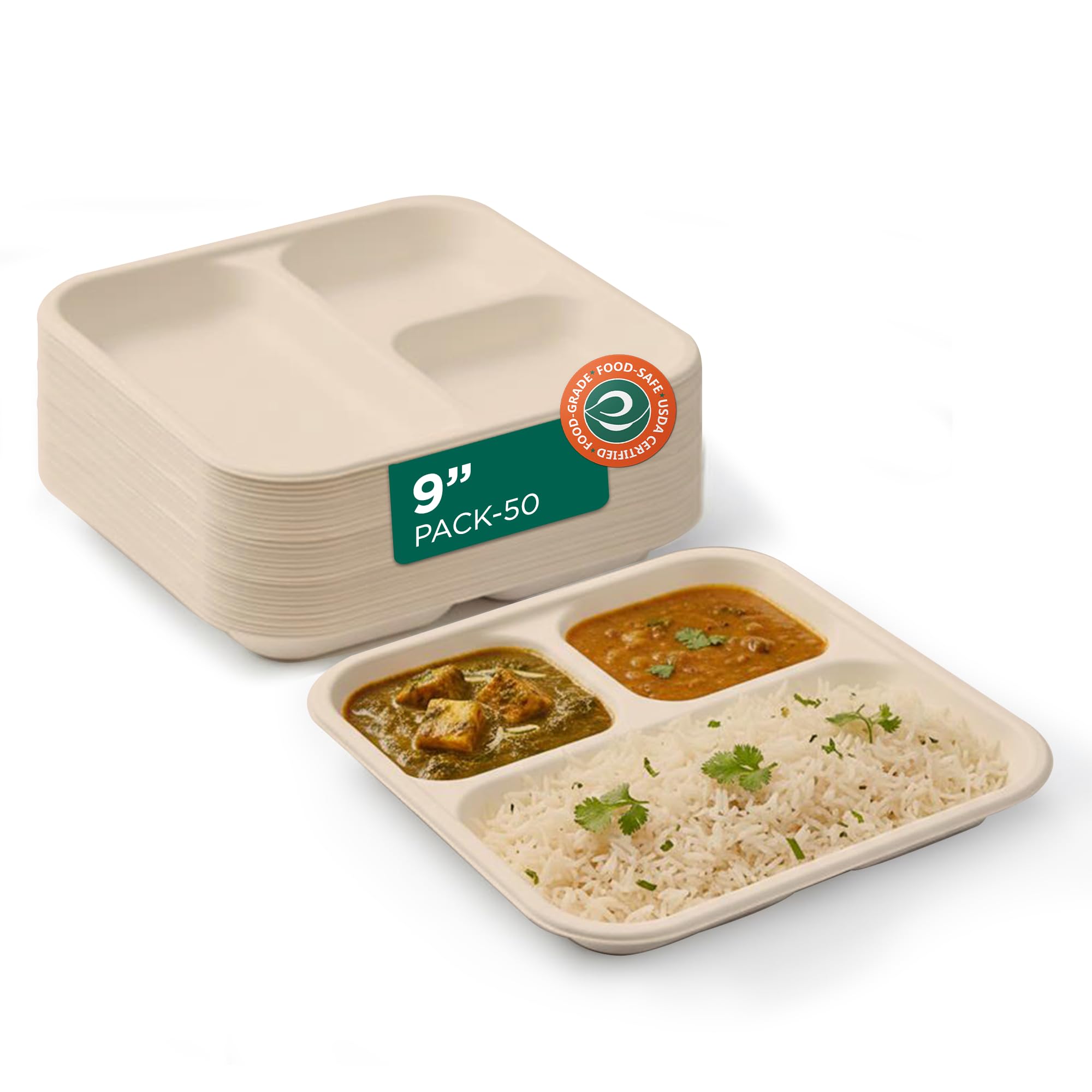 ECO SOUL | 3 Compartment Bagasse Meal Tray | 9 Inch - Pack of 50 | Disposable Plates Big Size | Sturdy, Compostable & Heat-Safe | Perfect for Parties, Events & Buffets