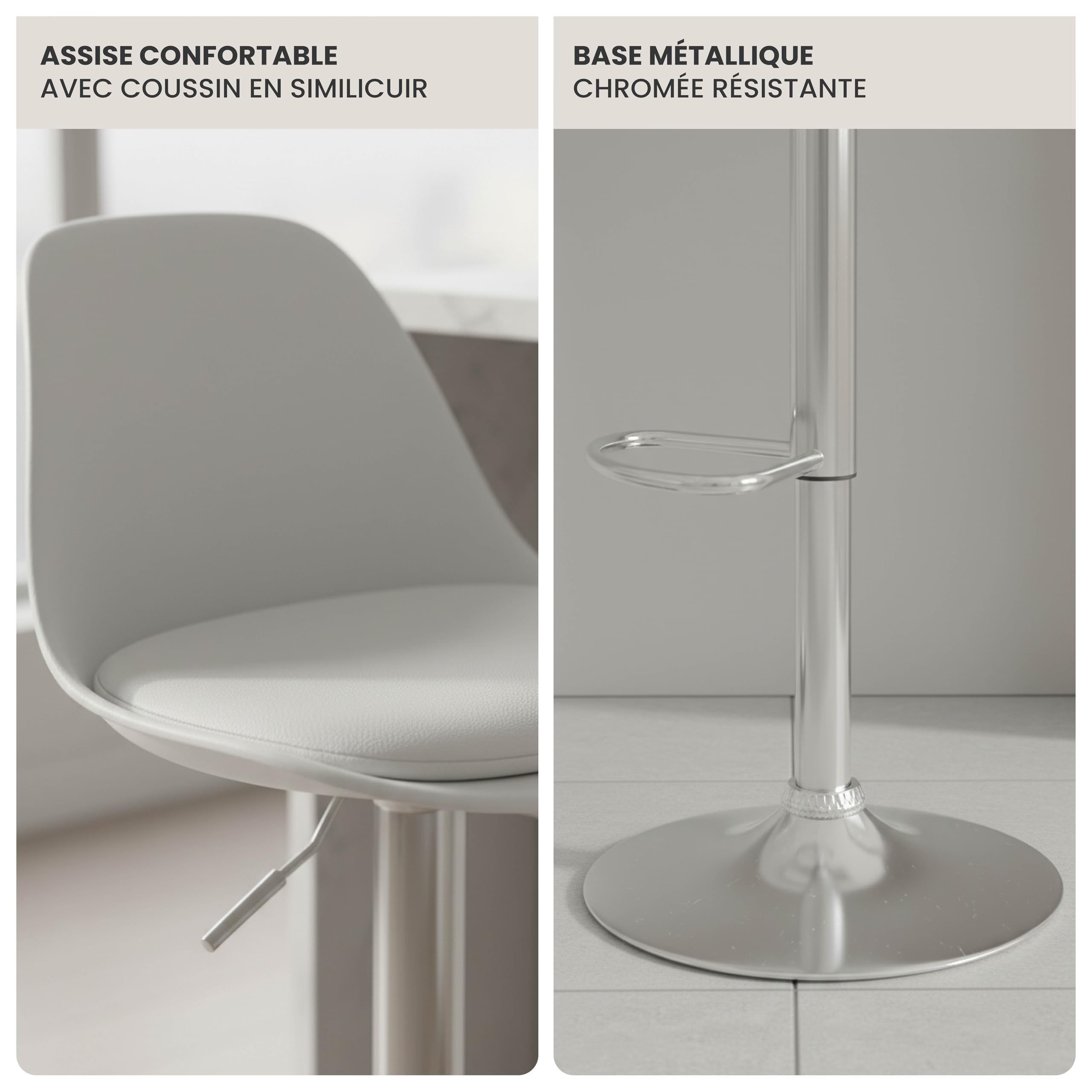 Vaukura Taburete de Bar Juego de 2 | Taburetes Regulables en Altura en Piel Sintética Blanco | Taburete de Cocina Giratorio 360° | Base de Acero Cromado con reposapiés Estilo Moderno Cocina y Barra