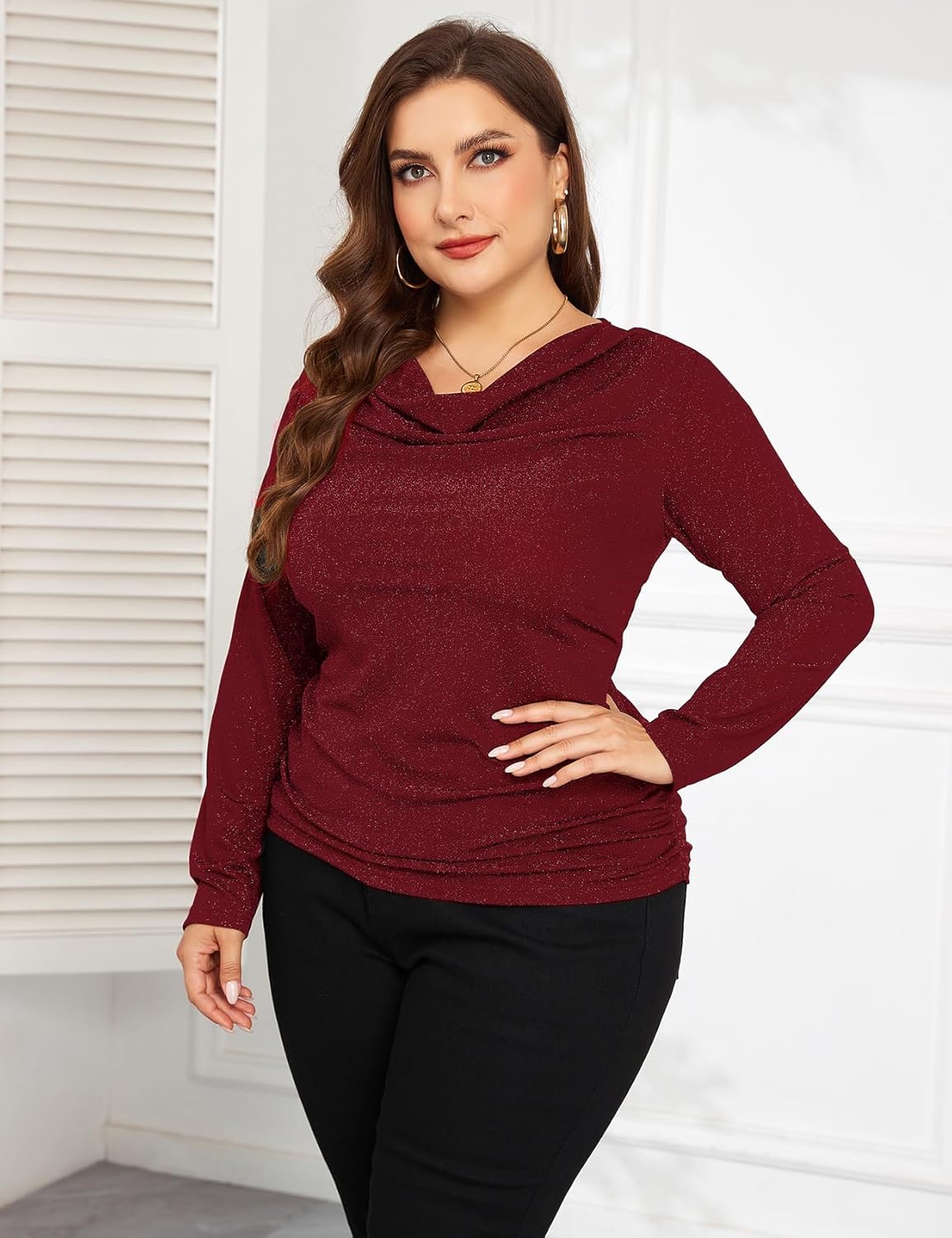 ZOMVA Women's Plus Size Sparkly Cowl Neck Shirt - Image 6