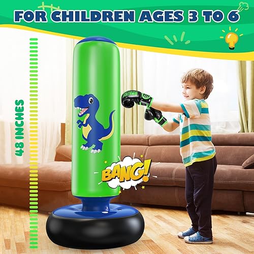 Miniatura 4 de QPAU Saco de boxeo inflable, bolsa de boxeo inflable estable de 48 pulgadas para 3-6 niños, juguete de dinosaurio y regalos para niños y niñas,