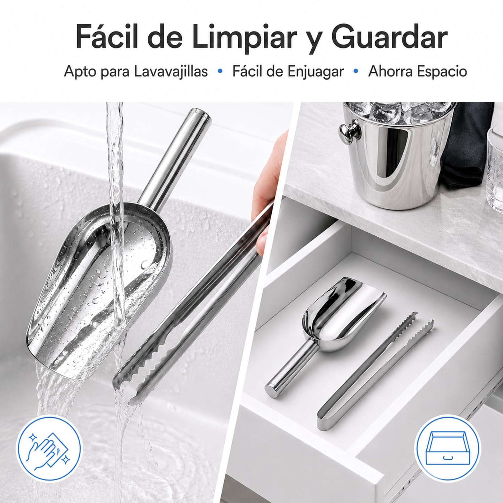Cuchara Hielo Acero Inoxidable & Pinza de Hielo Acero Inoxidable Siumir 25 cm Pinza de Candy Pala Hielo per Alimenti para Barra, Barbacoa, Fiesta, Boda