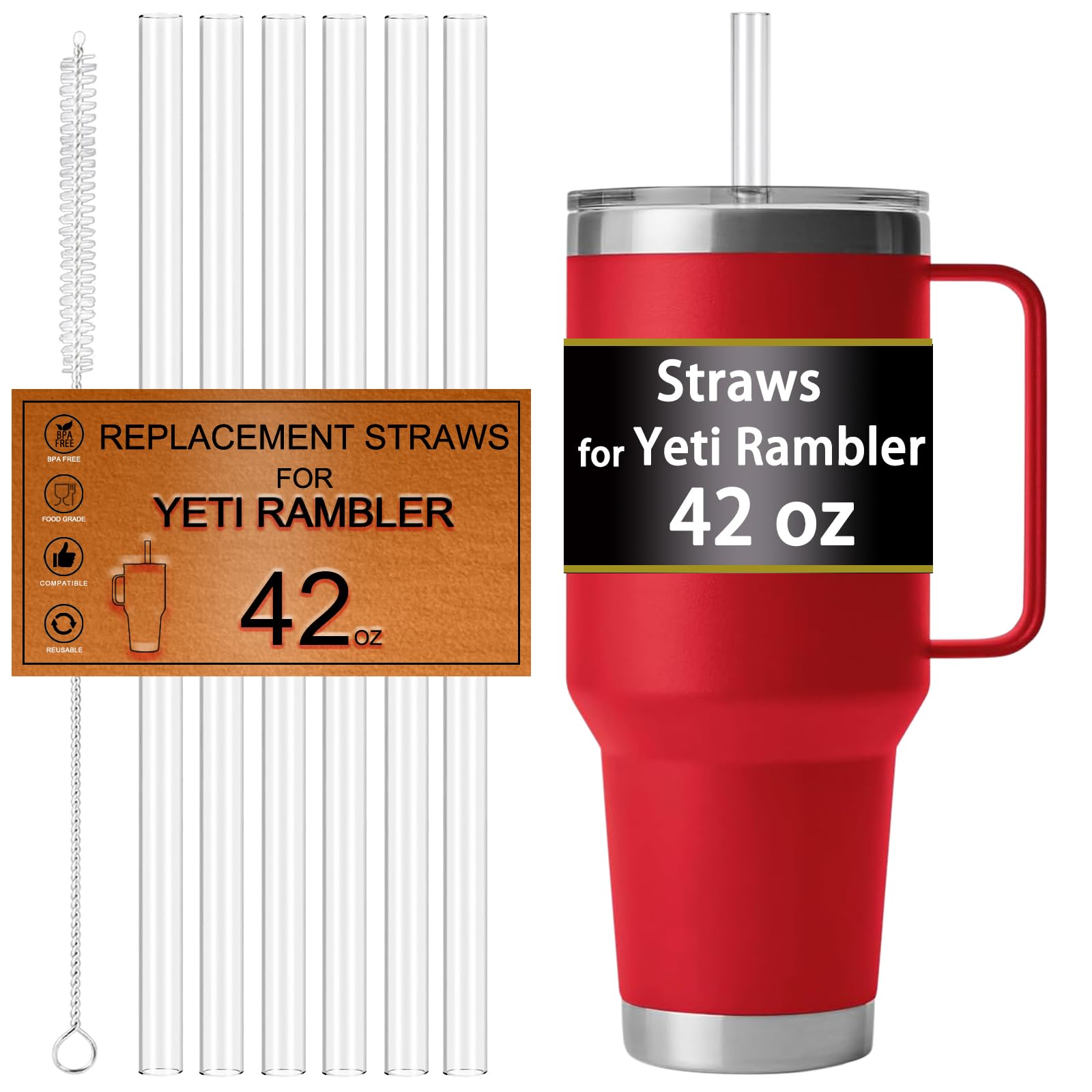 Straws for Yeti Cup 42OZ, Replacement Straw for Yeti Rambler 42 OZ Tumbler Accessories, Reusable, Hard Plastic,Tritan, Food Safe, BPA Free,Clear,6 Pack