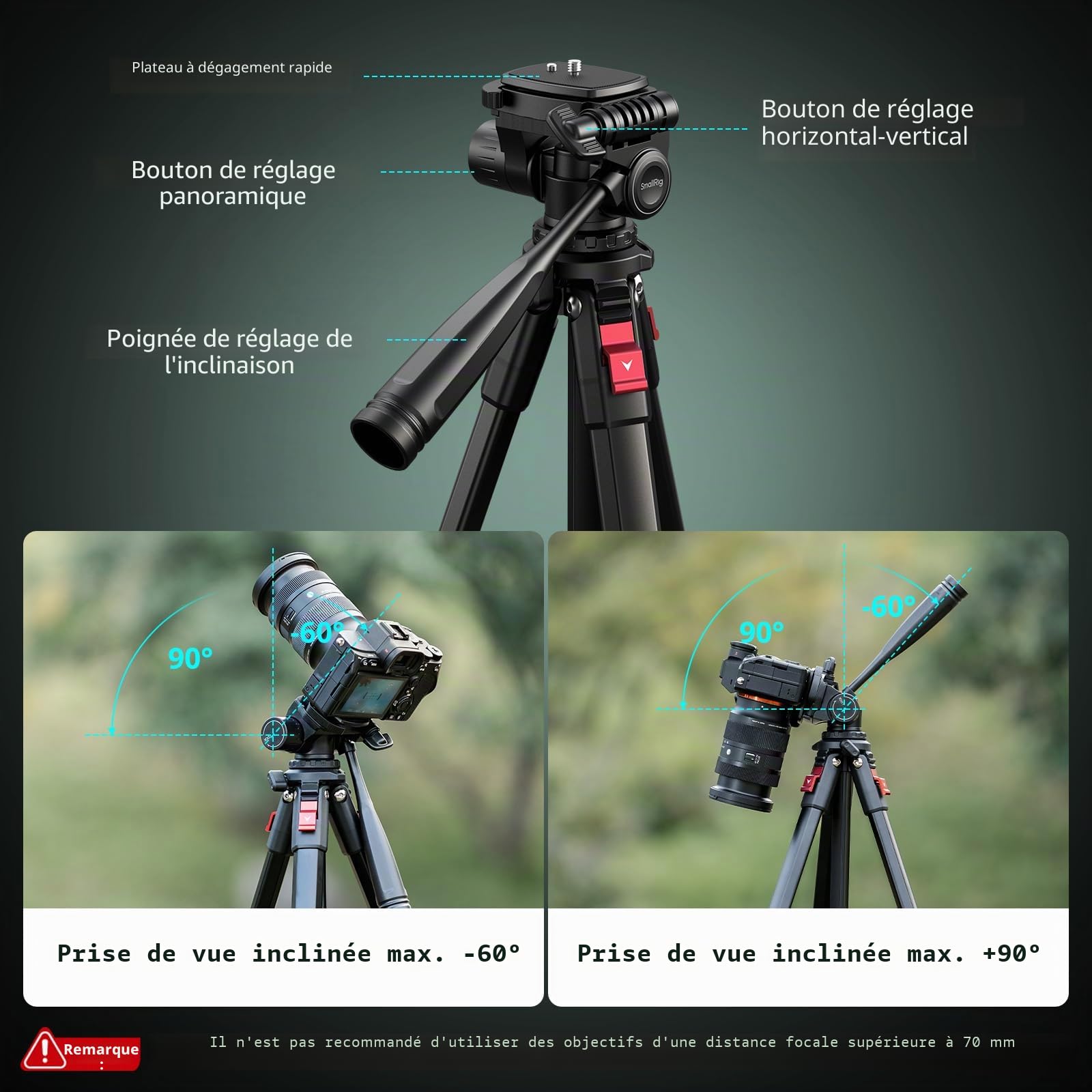 SMALLRIG 172 cm Trépied de Voyage en Aluminium avec Clip pour Caméra et Téléphone, Trépieds Portables avec Pieds à Verrouillage Rapide, pour Diffusion en Direct et Vlogging, Charge Max 5 kg - 5474
