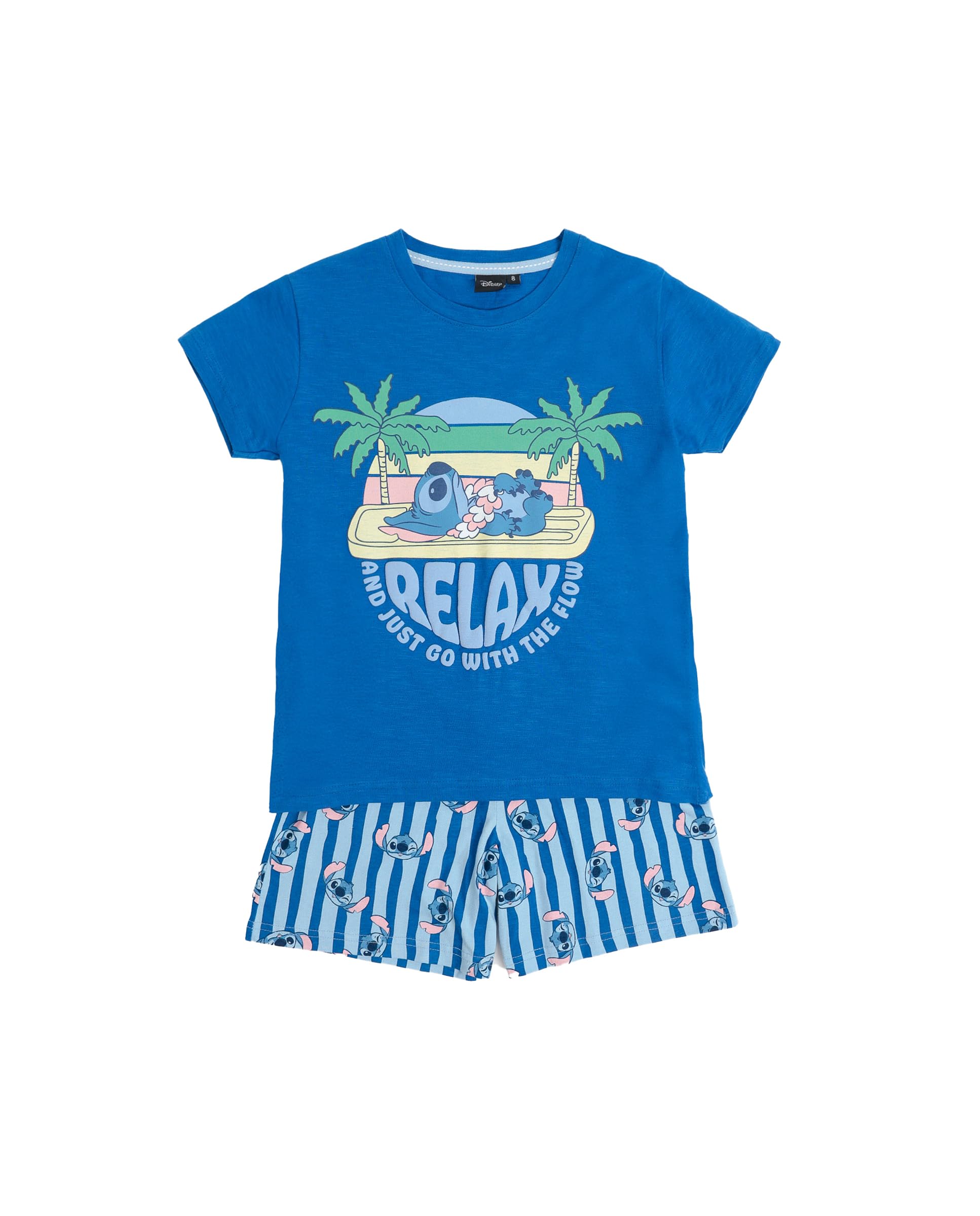 Disney Pijama niño Verano 100% algodón - Pijama Manga Corta Stitch Waves para niño – pantalón Corto con Cinturilla elástica Estampado – Tejido Suave al Tacto, Azul - Talla 8 años