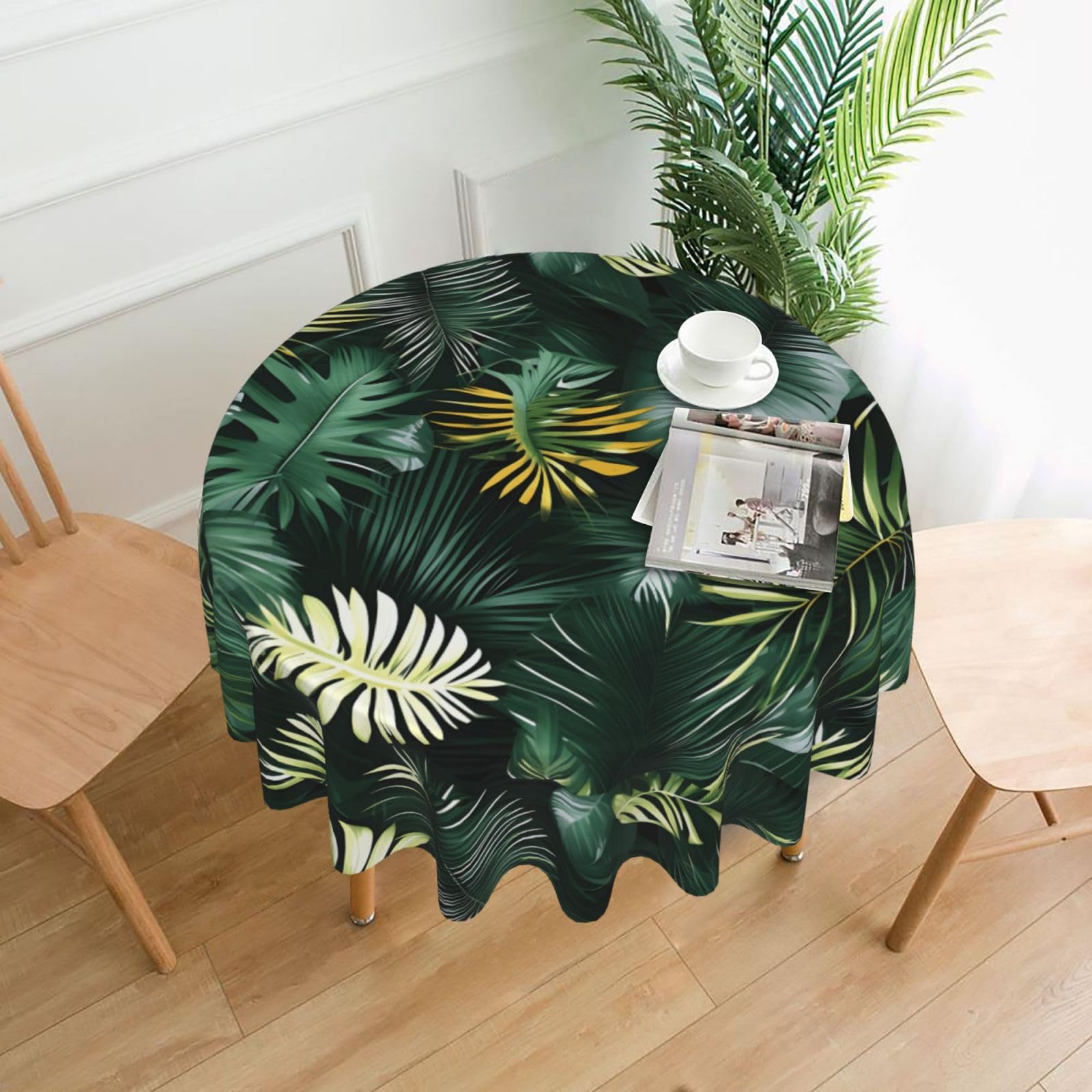 Nbtghga Tropical Palm Leaves Print Tablecloth Round Border Table Cloth Cover Decorative For Party Holiday Dinning Tabletop Home