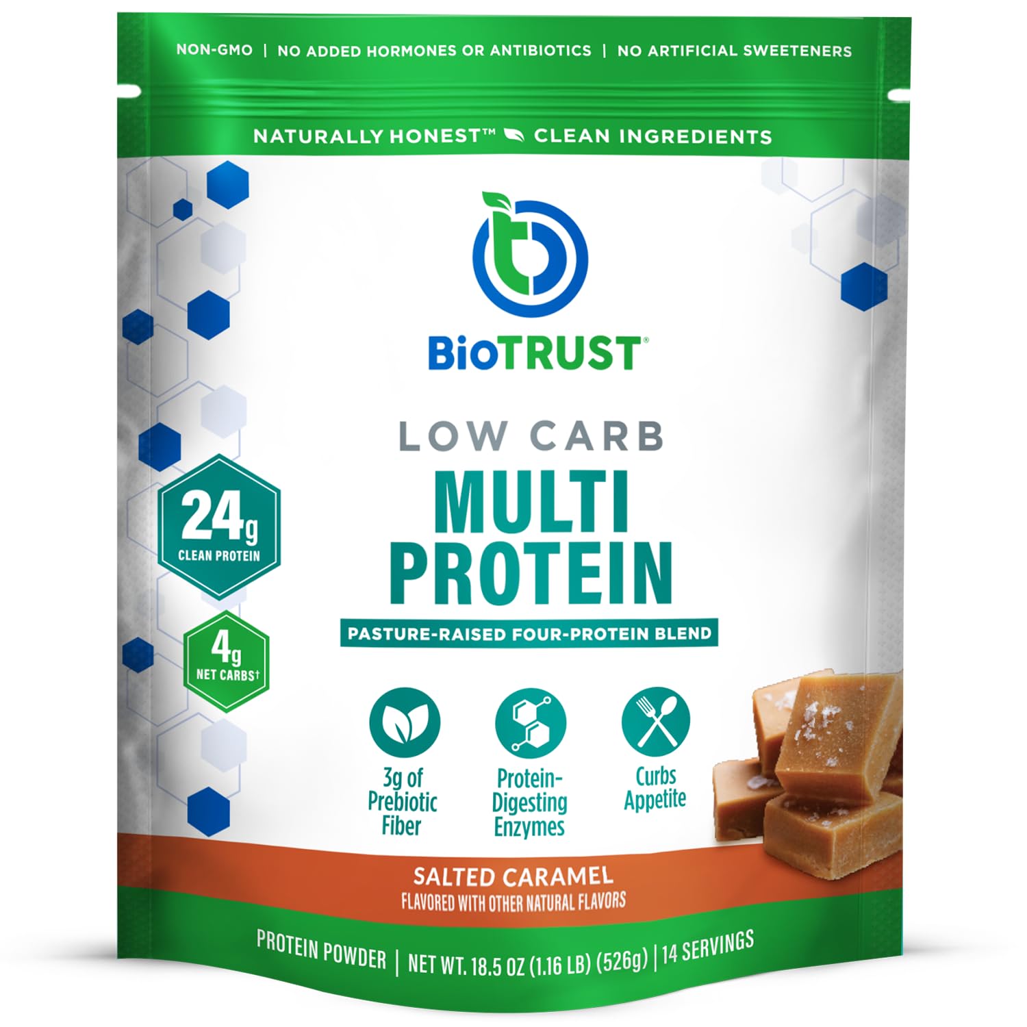 Proteína en polvo baja en carbohidratos BioTrust: mezcla saludable de proteína de suero aislada y caseína de ganado alimentado con pasto y criado en pastura, además de enzimas digestivas - Caramelo salado, 14 porciones