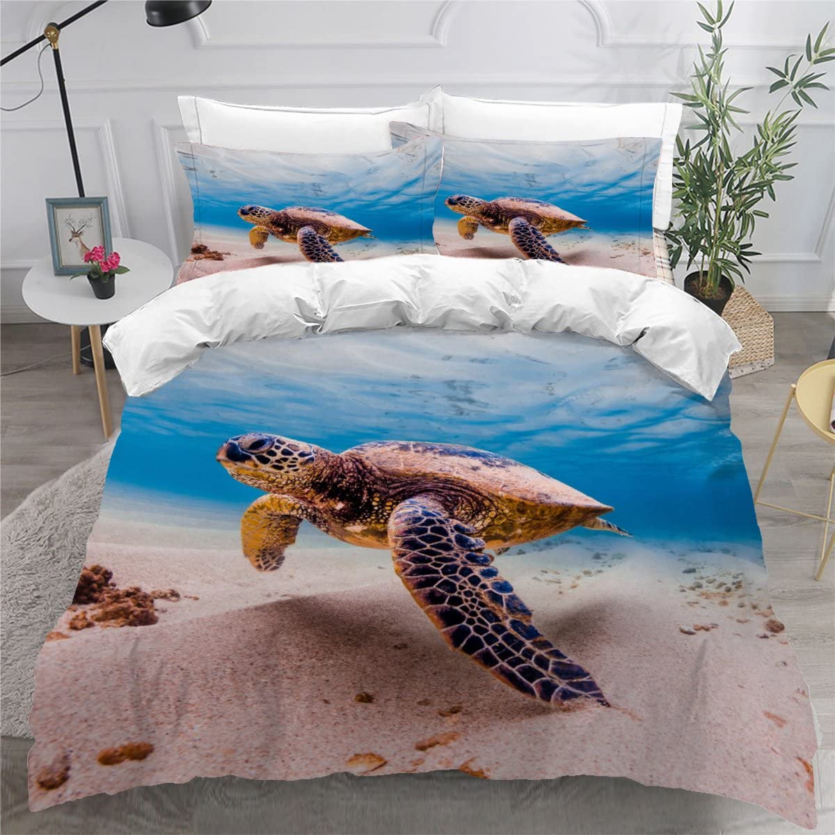 VASENA Duvet Cover King Size 3d Printed Adults Teenager Microfiber Fluffy Kingsize Bedding Sea Turtle Blue Sea Comforter Cover King Size with Pillowcases（230x220）
