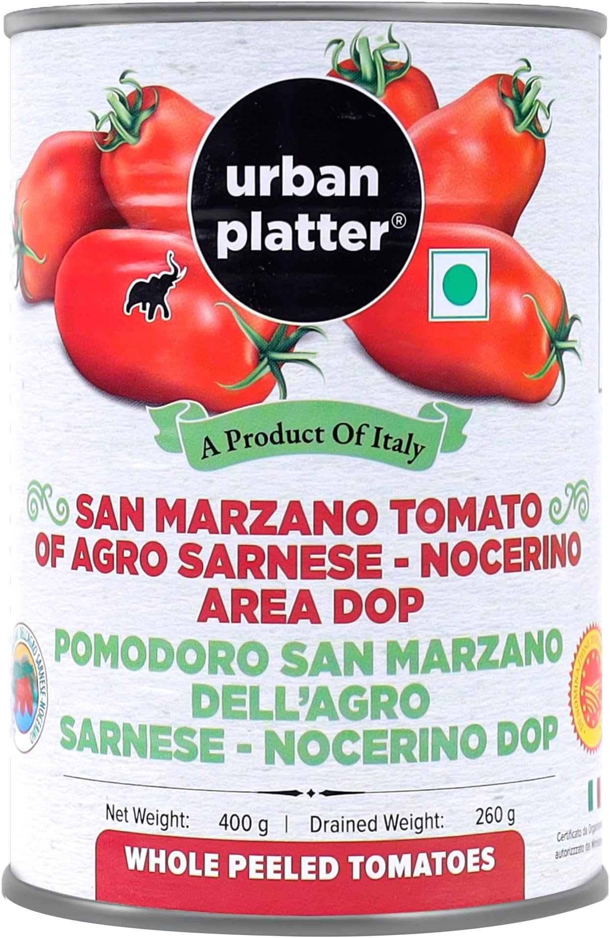 Urban Platter San Marzano Whole Peeled Tomatoes in Tomato Juice, 400g (Drained Weight 260g, DOP, Tomates pelles Dans le Jus, Product of Italy)