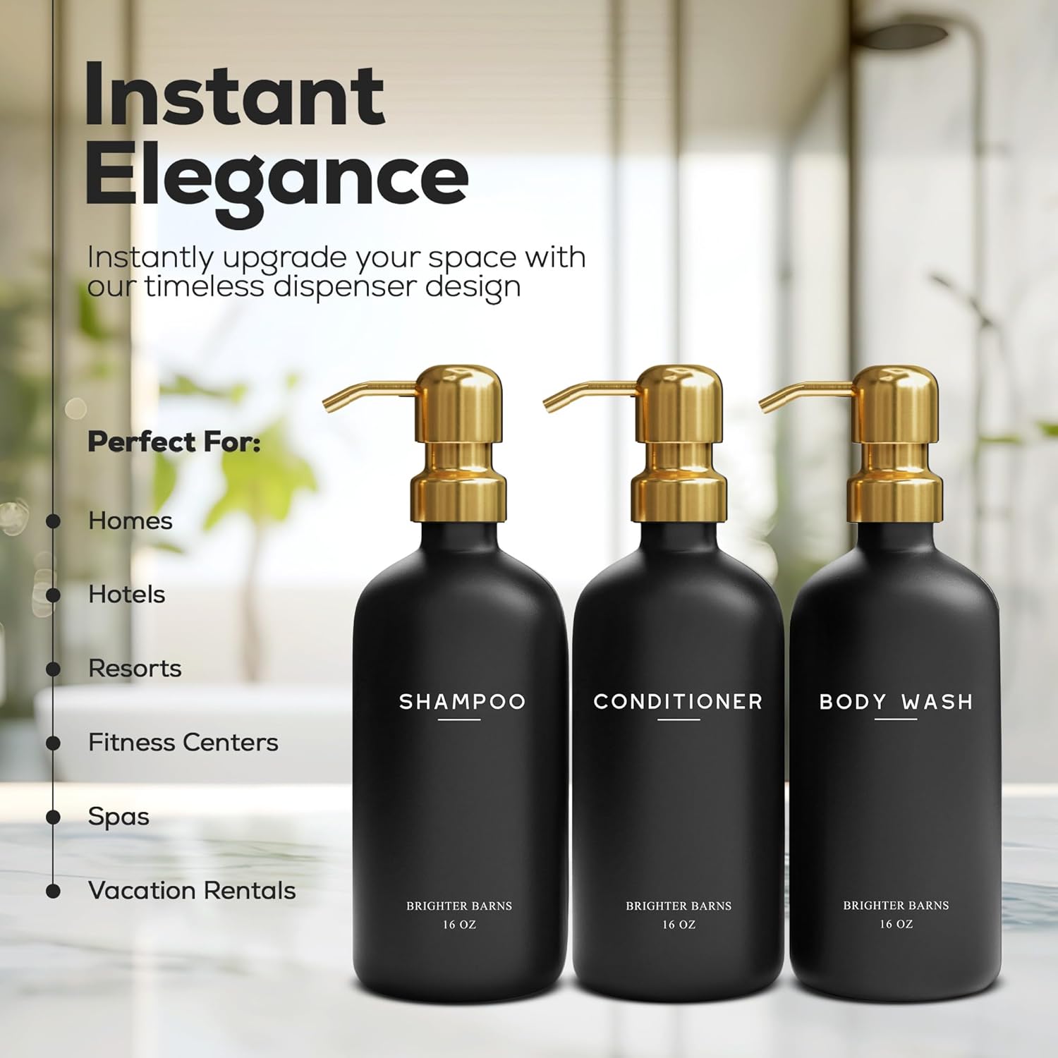 Luxury Shampoo and Conditioner Dispenser Set by Brighter Barns - Black and Gold Shower Soap Dispenser Set - Refillable Body Wash & Shampoo Bottles - Luxury Bathroom Decor for Spa, Airbnb (Black Gold)