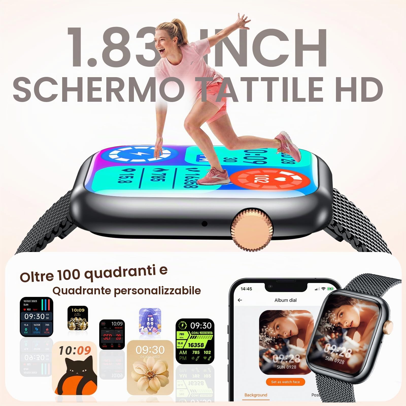 Smartwatch Donna con Effettua orologio Chiamate: 1.83" Smart Watch con Bluetooth5.2 Contapassi Sonno 123+ Modalità Sportivo Fitness Tracker IP68 Impermeabile WhatsApp Notifice Compatibile Android iOS
