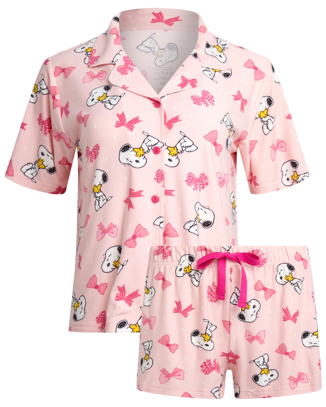 COCO BRANDS Peanuts Snoopy Womens Pajama Set - 2 Piece Short Sleeve Button Down Sleep Shirt and Pajama Shorts