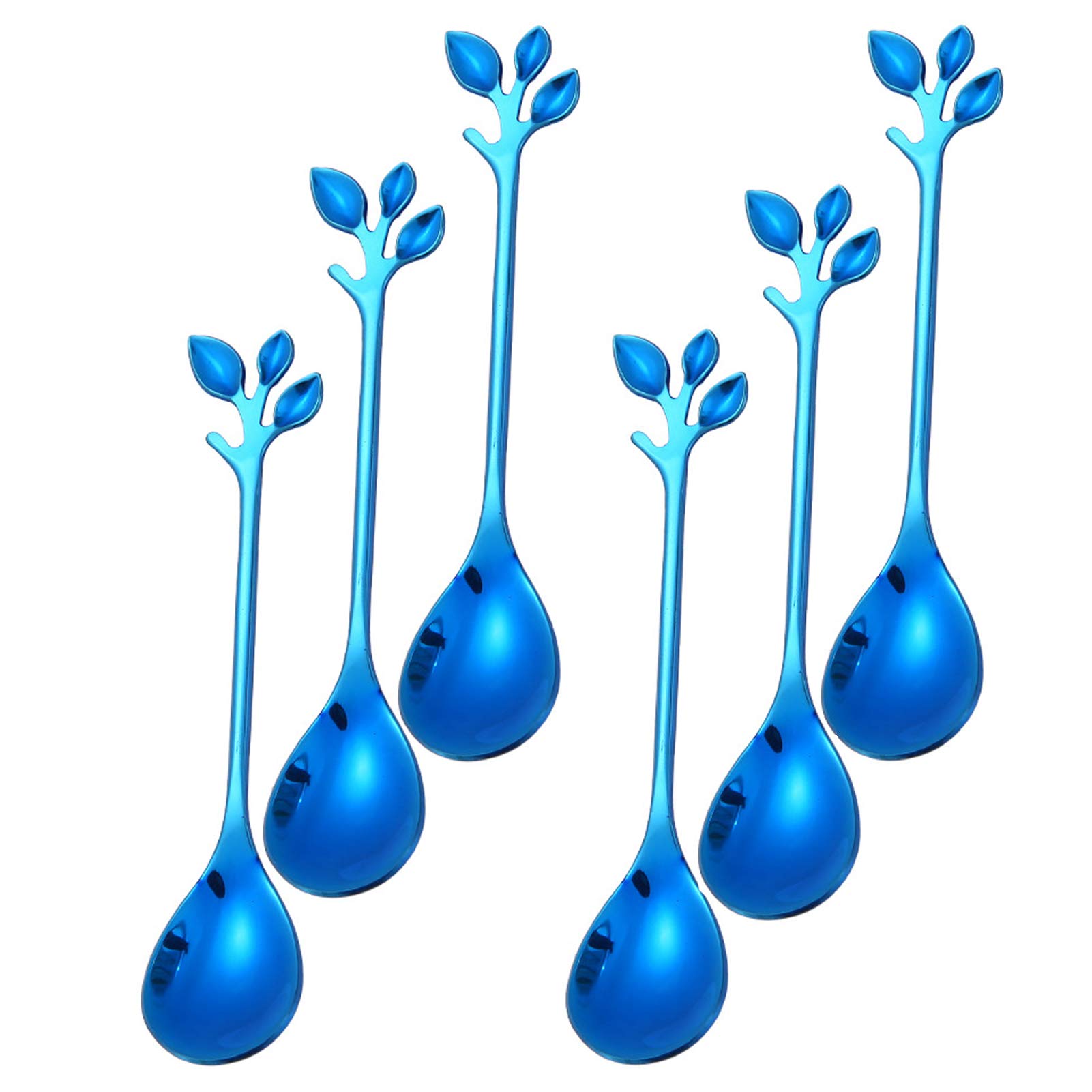 Espresso Spoon Blue Leaf Stainless Steel Mini Coffee Spoon Sugar Spoon Ice Cream Tea Stirring Spoon Retro Dessert Spoon Milkshake Spoon Cutlery Kitchen Tableware (6 Spoons-Blue)