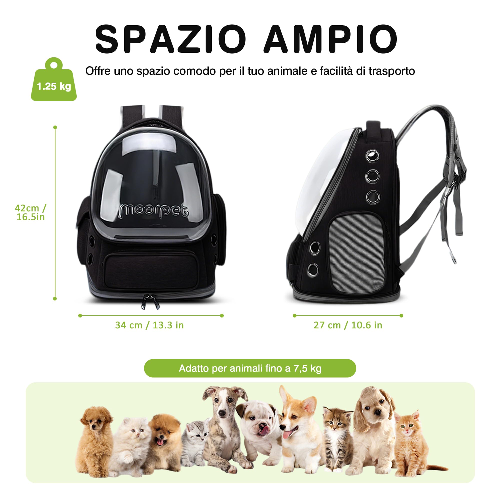ALLSOPETS Zaino per Gatti e Cani, Zaino Trasportino Gatto con Design a Bolle, Pieghevole e Portatile, per Animali Fino a 7,5 kg, per Viaggi, Escursioni e Cliniche Veterinarie (Nero Classico)
