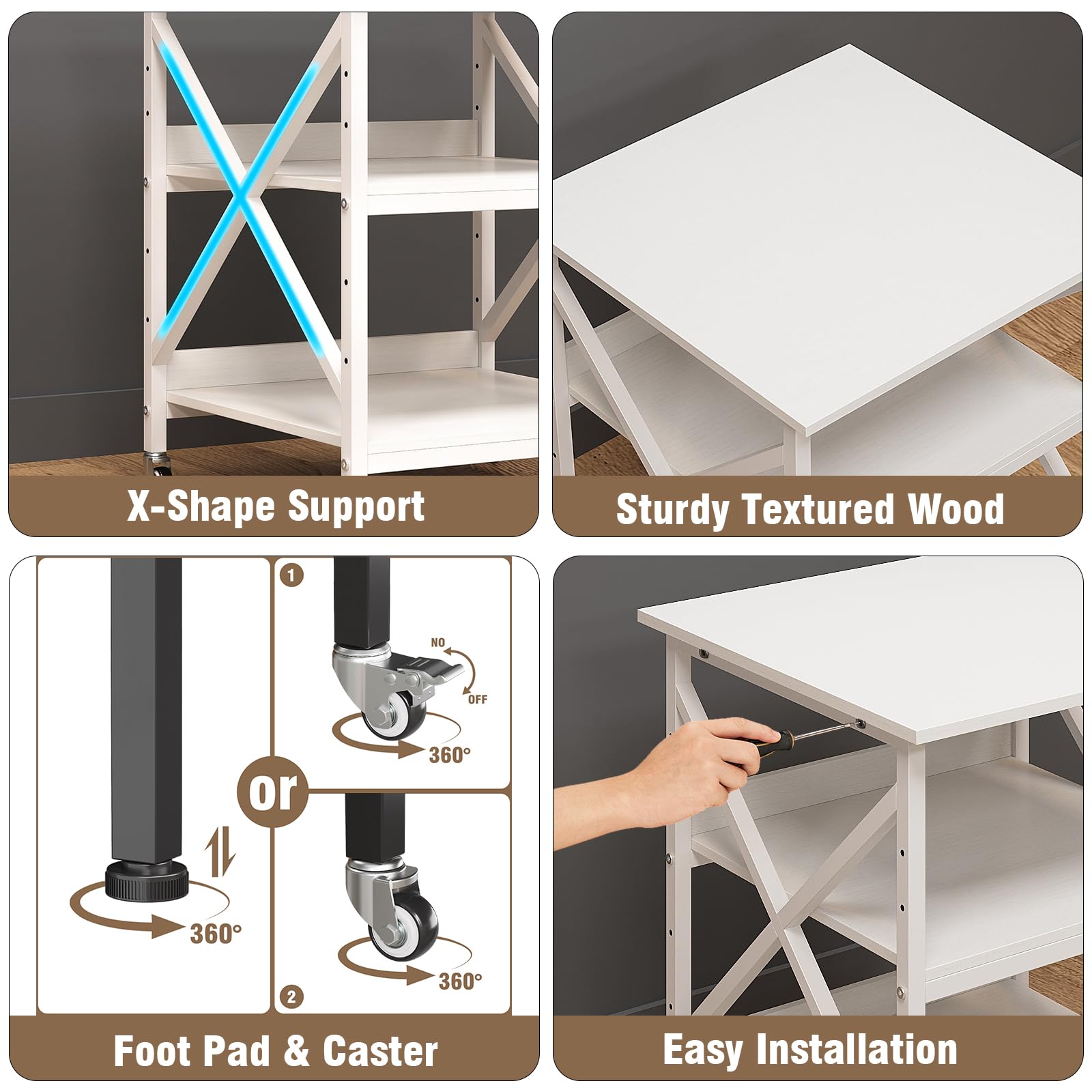 VEDECASA 3 Ebenen Druckerständer mit Rollen, Großer Druckertisch 60x60cm mit Ablagen, Stabiler Druckerwagen mit X-Rahmen für Büro und Home Office, Weiß, Passt Fuer Grosse Drucker,Leicht Beweglich,Weiß