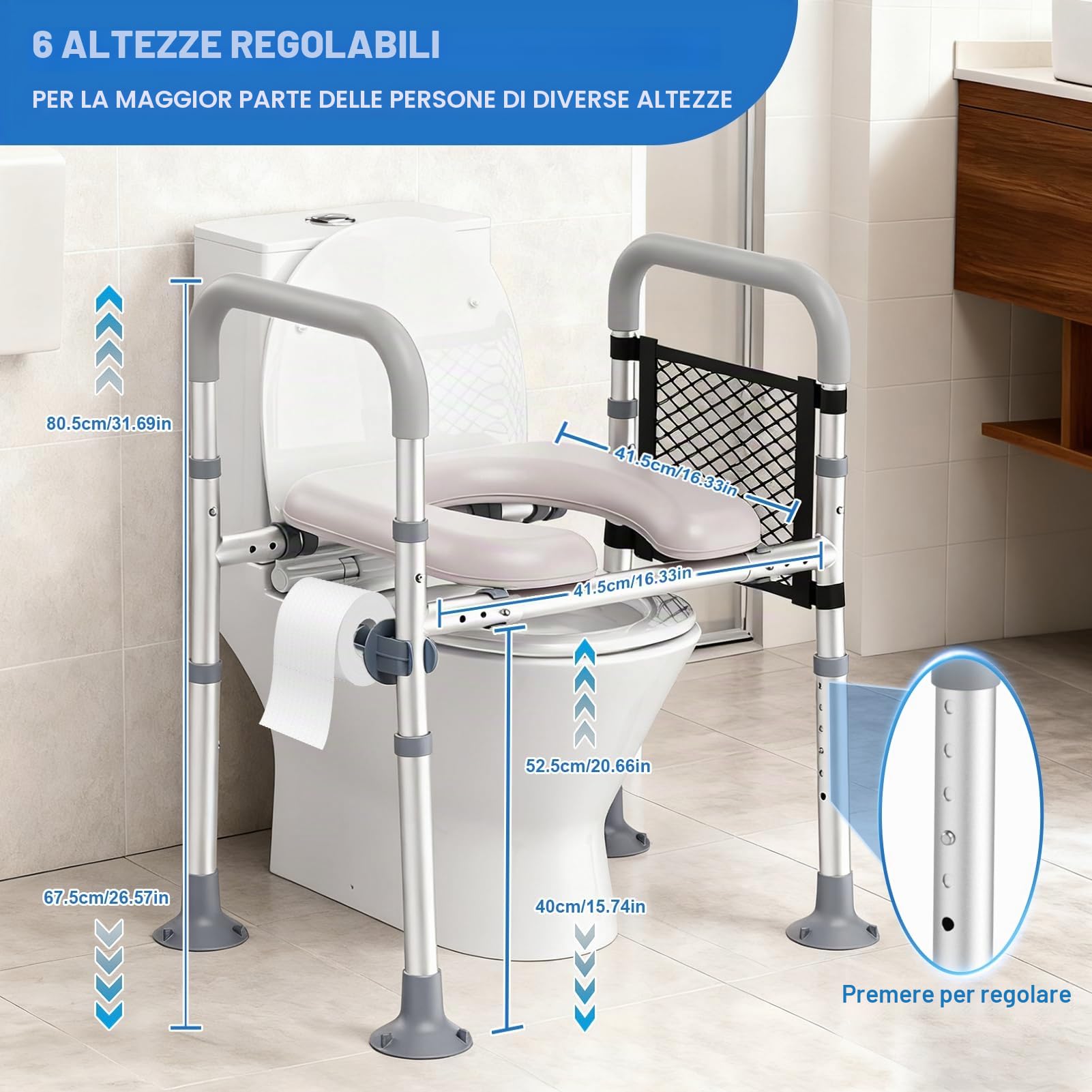 Rialzo WC per Anziani, Alzata per WC con Altezza e Larghezza Regolabili, Alza Water x Anziani con Braccioli per Anziani, Seduta Imbottita e Telaio in Alluminio, Adatto a Qualsiasi WC, Portata 150 kg