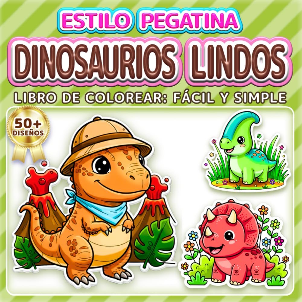 DINOSAURIOS LINDOS: LIBRO DE COLOREAR: FÁCIL Y SIMPLE - Más de 50 diseños estilo pegatina divertidos para niños, adultos y personas mayores. Alivio ... (Libro de Colorear Estilo Pegatinas)