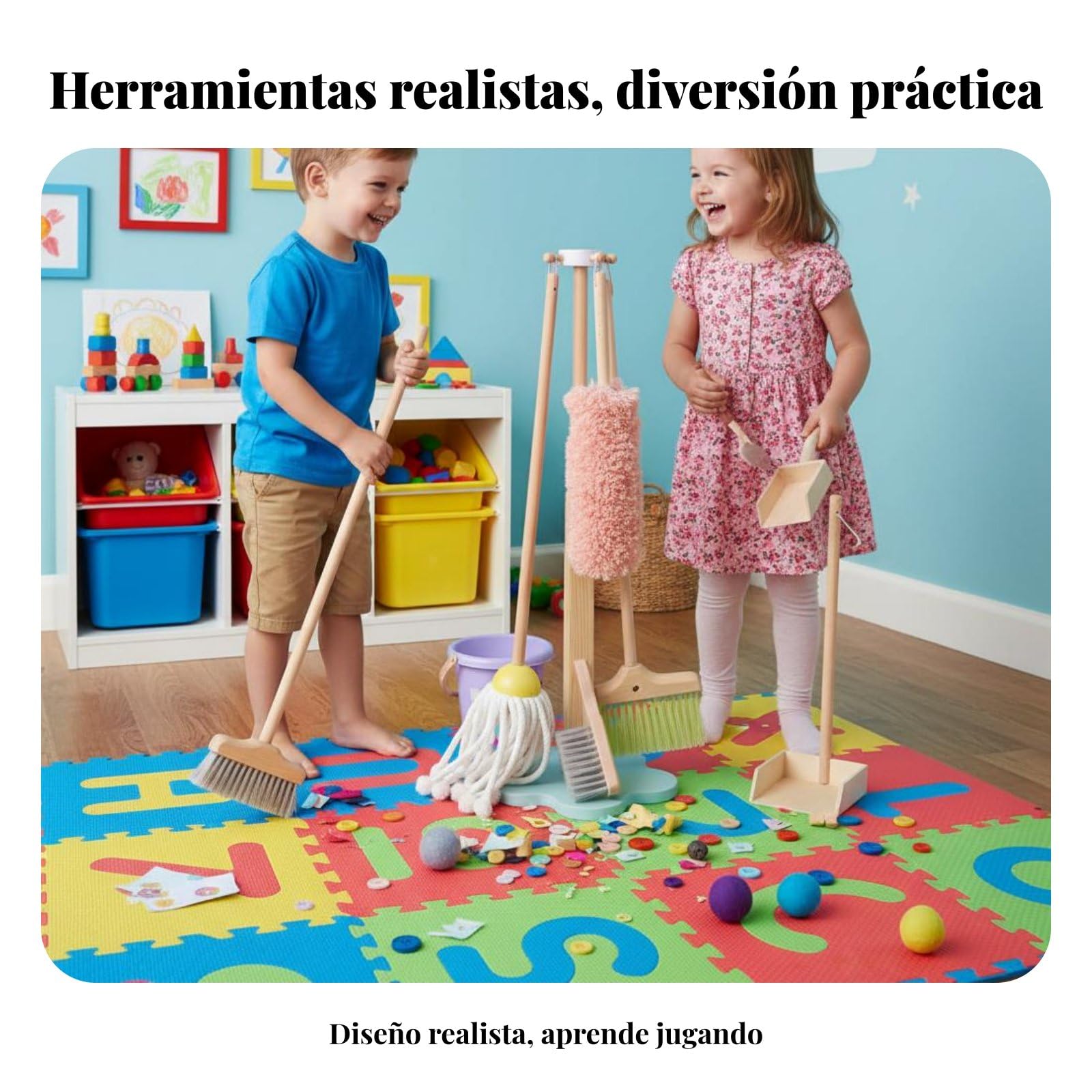 Amagogo Carrello Pulizia Bambini con Duster Scopa Paletta Spazzola Kit Gioco Educativo Struttura Legno Favorisce Sviluppo Abilità Motorie Adatto a Asilo Casa Attività Ricreative