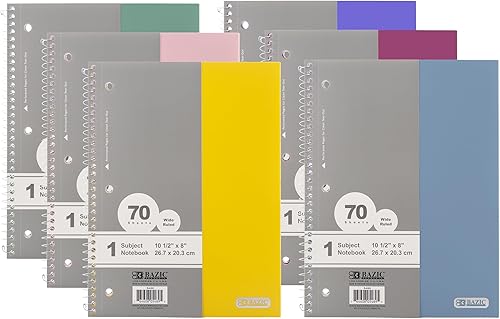BAZIC Spiral Notebook, 1 Subject, Wide Ruled Paper 8" x 10-12", 70 Sheets Poly Cover, Journal Comp Notebooks for Office School, Assorted Color,