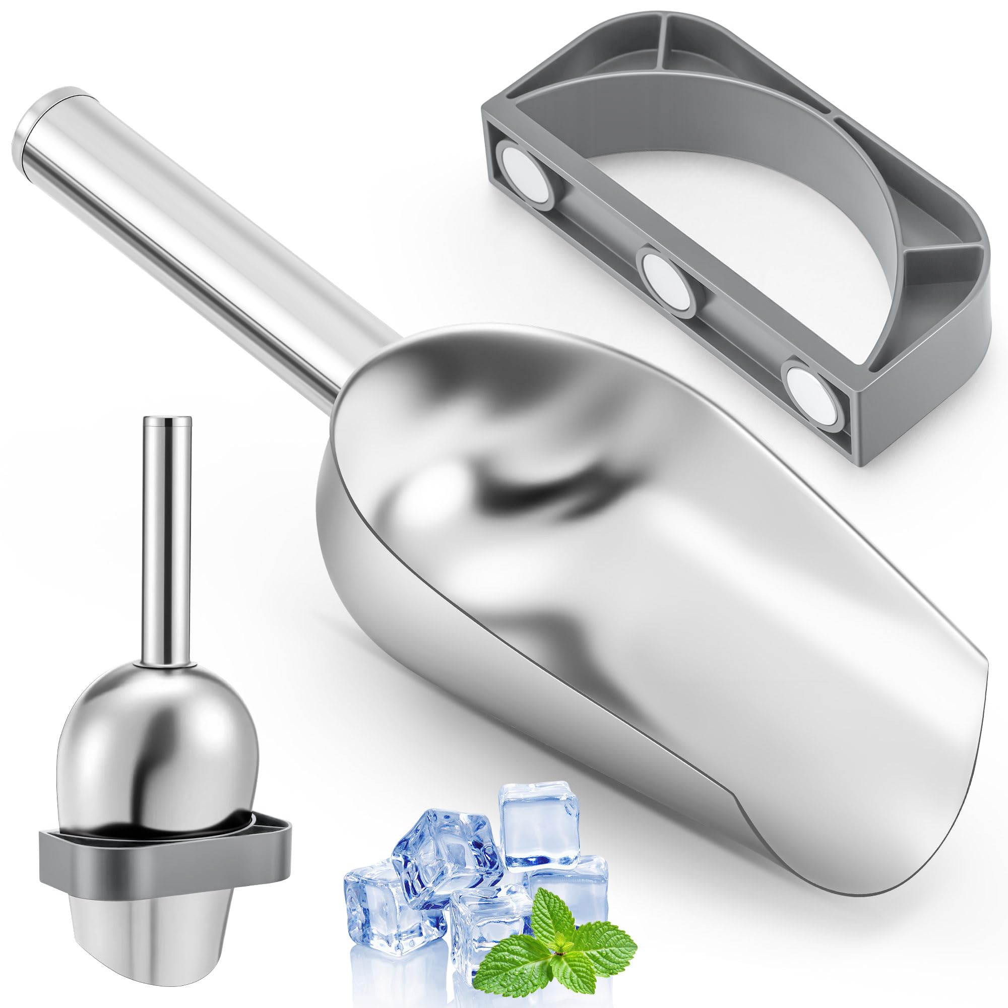 Ice Scoop with Magnetic Scoop Holder Compatible with GE Opal 2.0 Nugget Ice Makers, 9 In Low-Carbon Stainless Steel Alloy Scooper for Kitchen Refrigerator Accessory Pet Food Scooper(Grey)