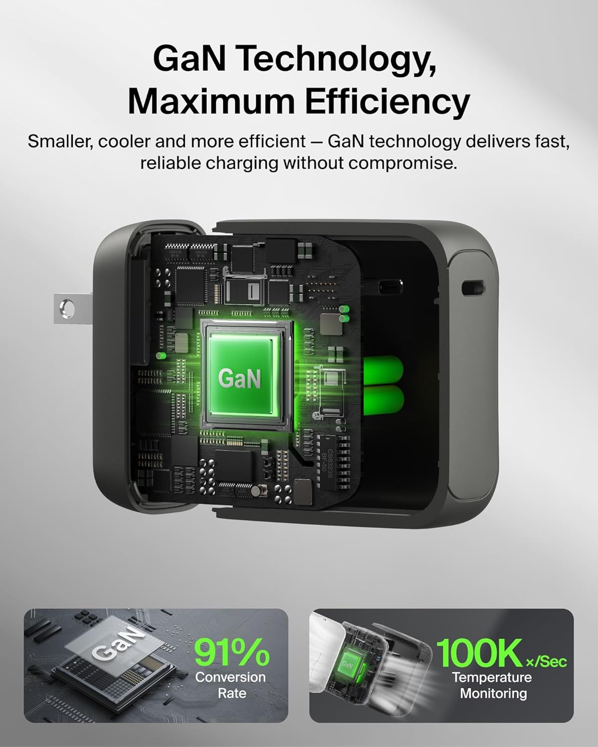 Belkin USB C Wall Charger 100W - Compact GaN Charger for MacBook Pro/Air, Chromebook, Dell, iPad, Tablet, iPhone 17, Samsung Galaxy S26, AirPods - USB C Charging Cable Included - Travel Essentials