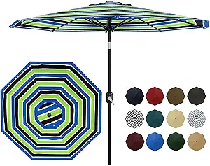 9Ft Patio Umbrella - 8 Sturdy Ribs Outdoor Table Umbrella with Crank Lift & Push Button Tilt - Market Umbrella for Pool, Deck, Yard, Garden - Tricolor Stripe