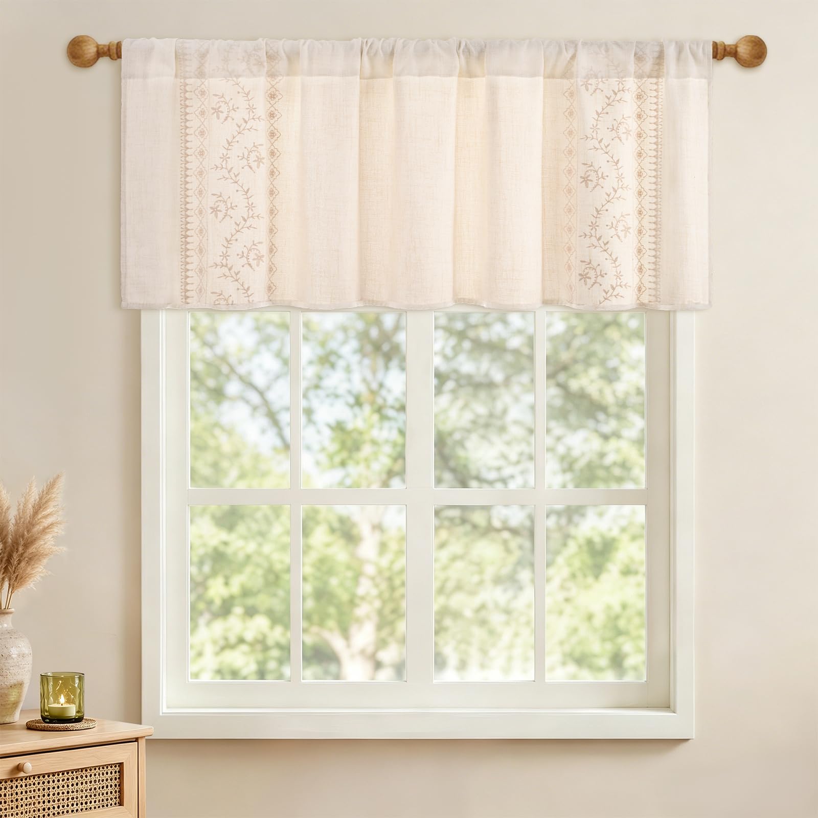 Yinhua Boho Valances for Windows Beige Embroidered Floral Valance Curtains, Farmhouse Light Filtering Window Valances Rod Pocket Kitchen Valance Curtains for Living Room, Bathroom, 52" W x 18" L