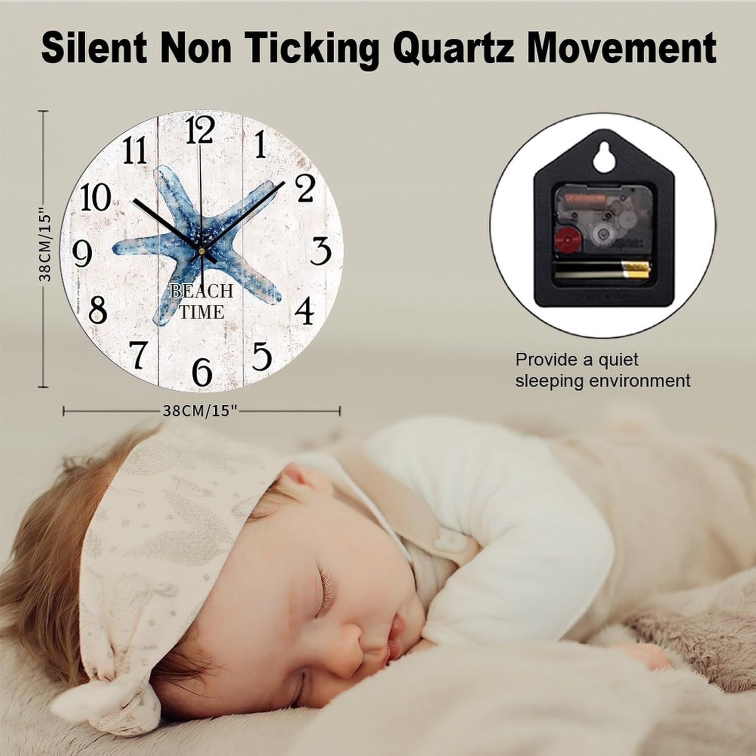 Beach Time PVC Clocks - Starfish Clock - Silent Non-Ticking - 15x15in - White, Blue - Wall Clock - Quartz Movement - Indoor Use - Beach Theme