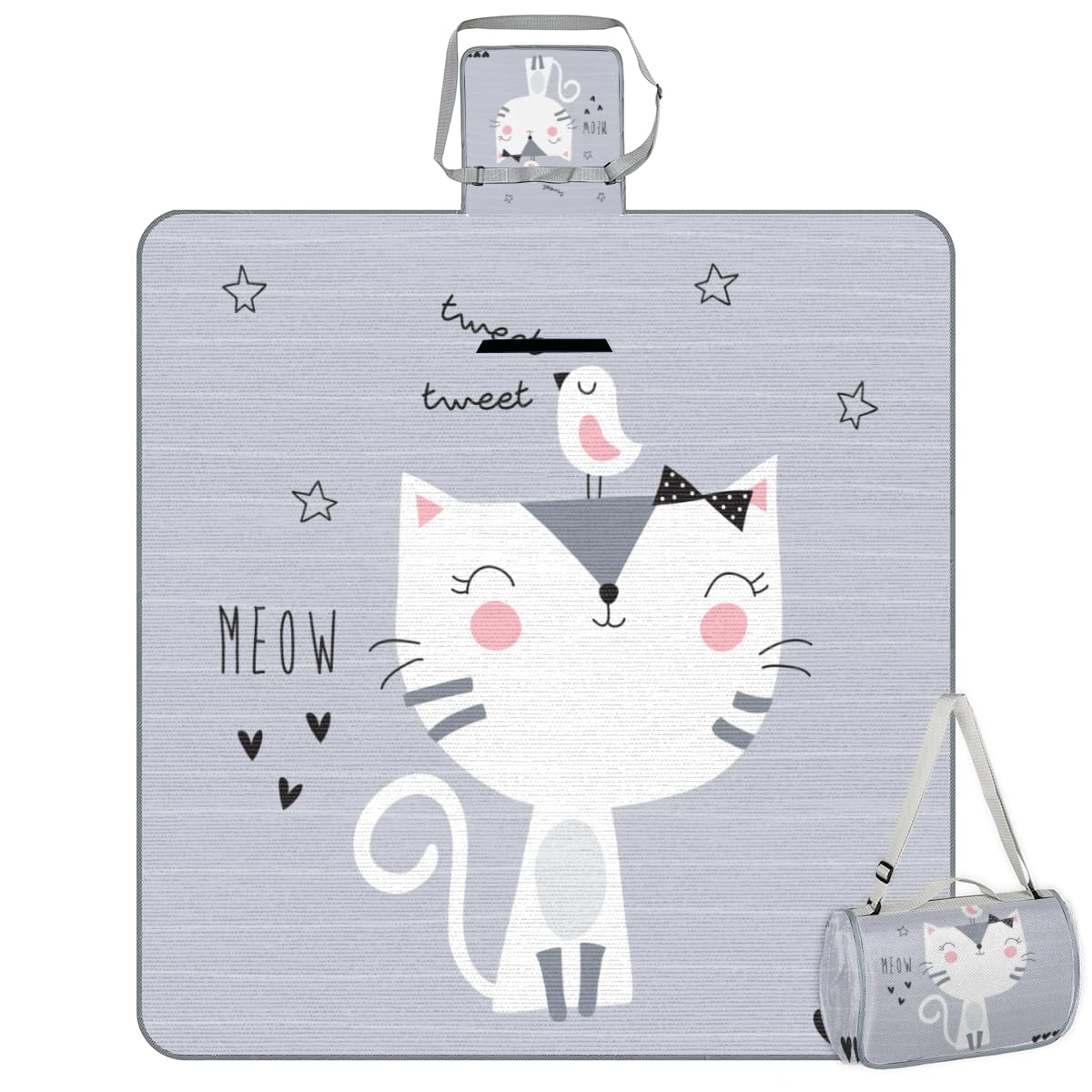 Shimoshe Picnic Blankets 57”x 59”, Cartoon Bird Cat Waterproof Sandproof Picnic Mat Lightweight Foldable Beach Blanket for Camping Park Grass Beach Outdoor Blanket