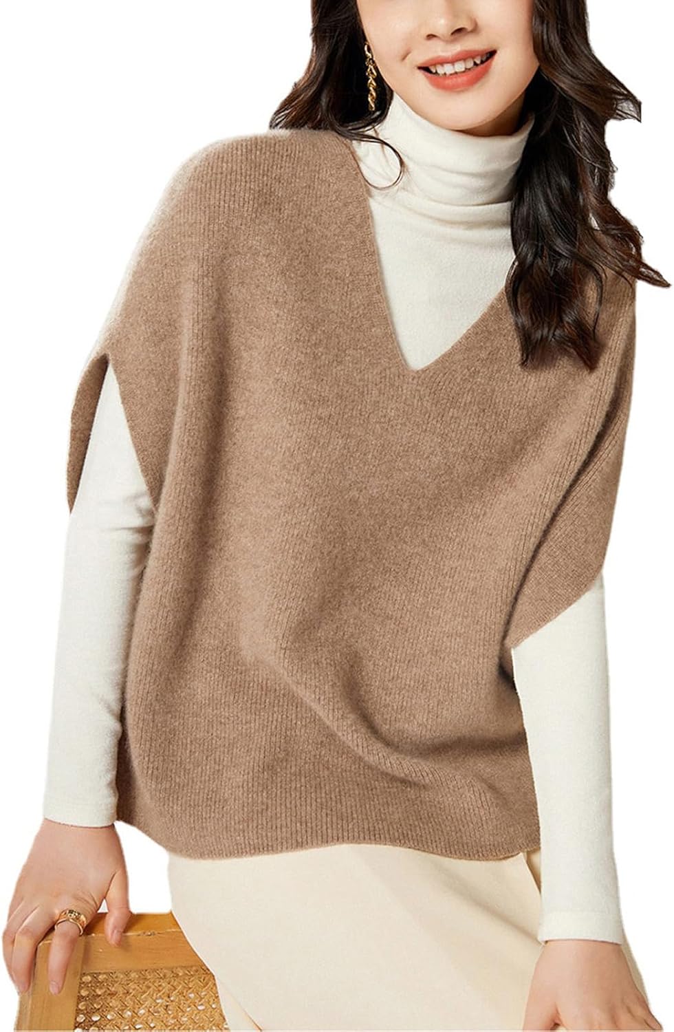 Women's Sweaters Vest 100% Pure Original Wool Fashion V Neck Sweater Shawl Vest Loose Fitting
